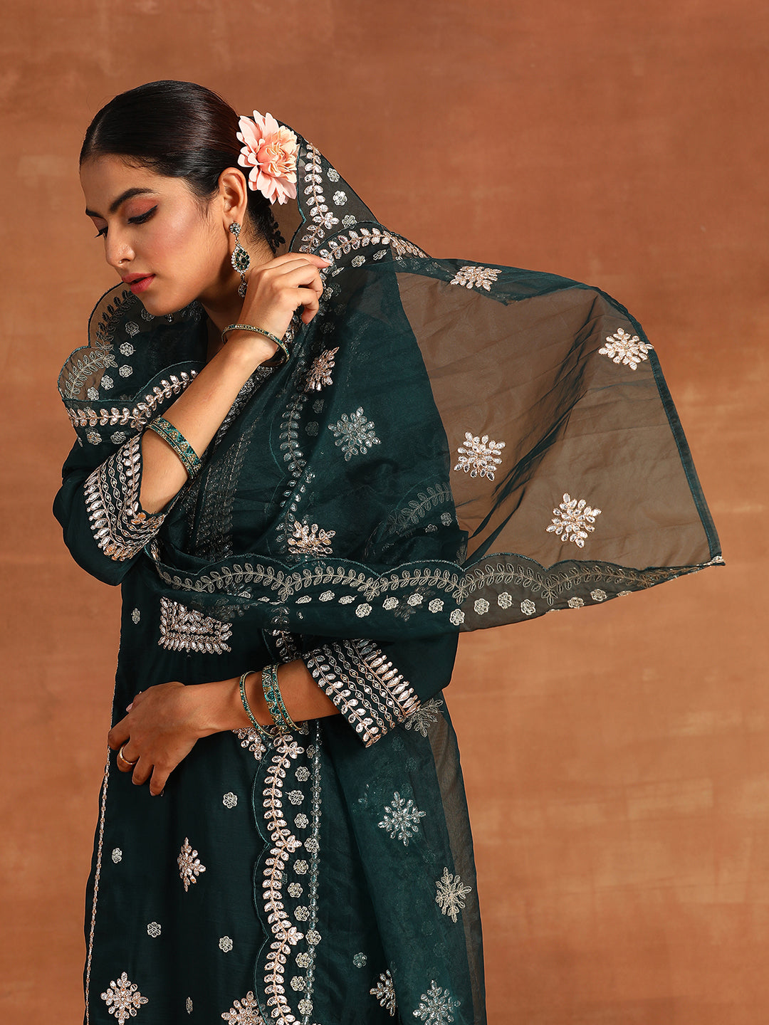 Indo Era Green Embroidered Straight Kurta Trousers With Dupatta Set