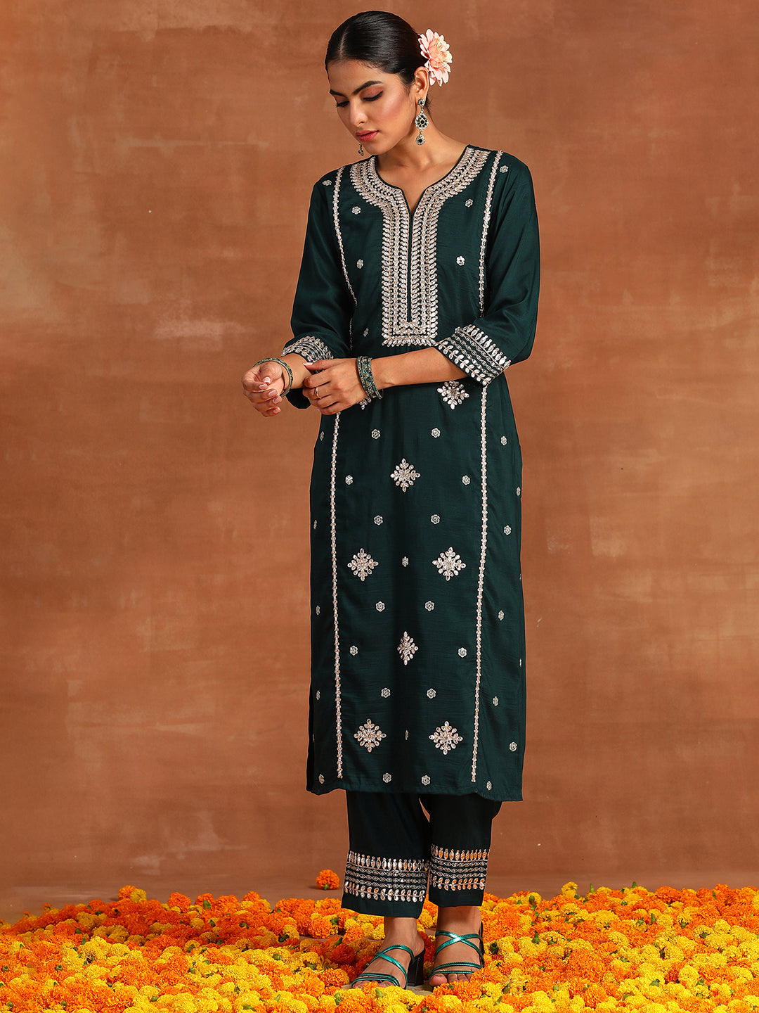 Indo Era Green Embroidered Straight Kurta Trousers With Dupatta Set