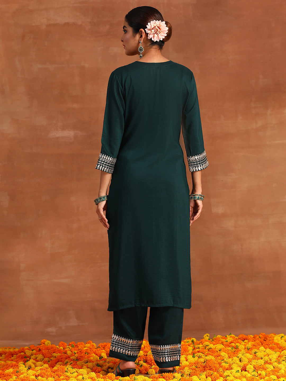 Indo Era Green Embroidered Straight Kurta Trousers With Dupatta Set