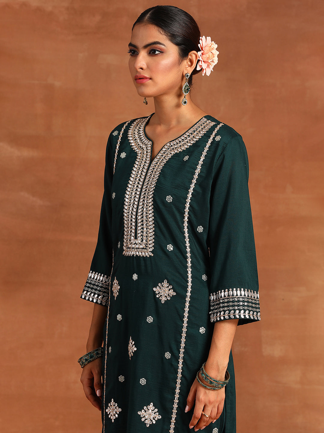 Indo Era Green Embroidered Straight Kurta Trousers With Dupatta Set