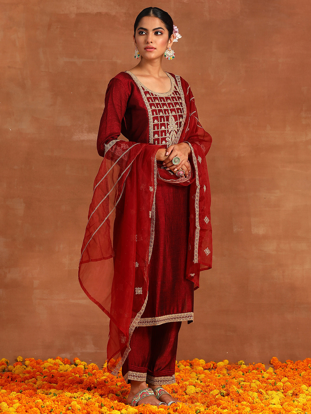 Maroon Embroidered Straight Kurta Trousers With Dupatta Set