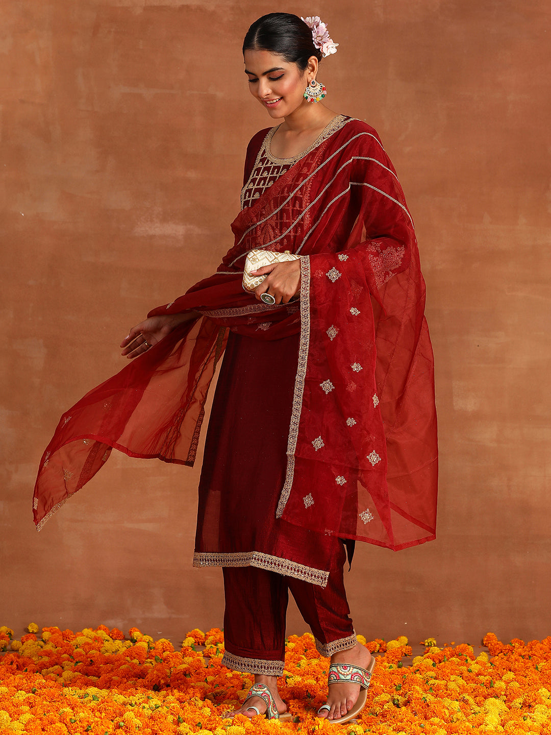 Maroon Embroidered Straight Kurta Trousers With Dupatta Set