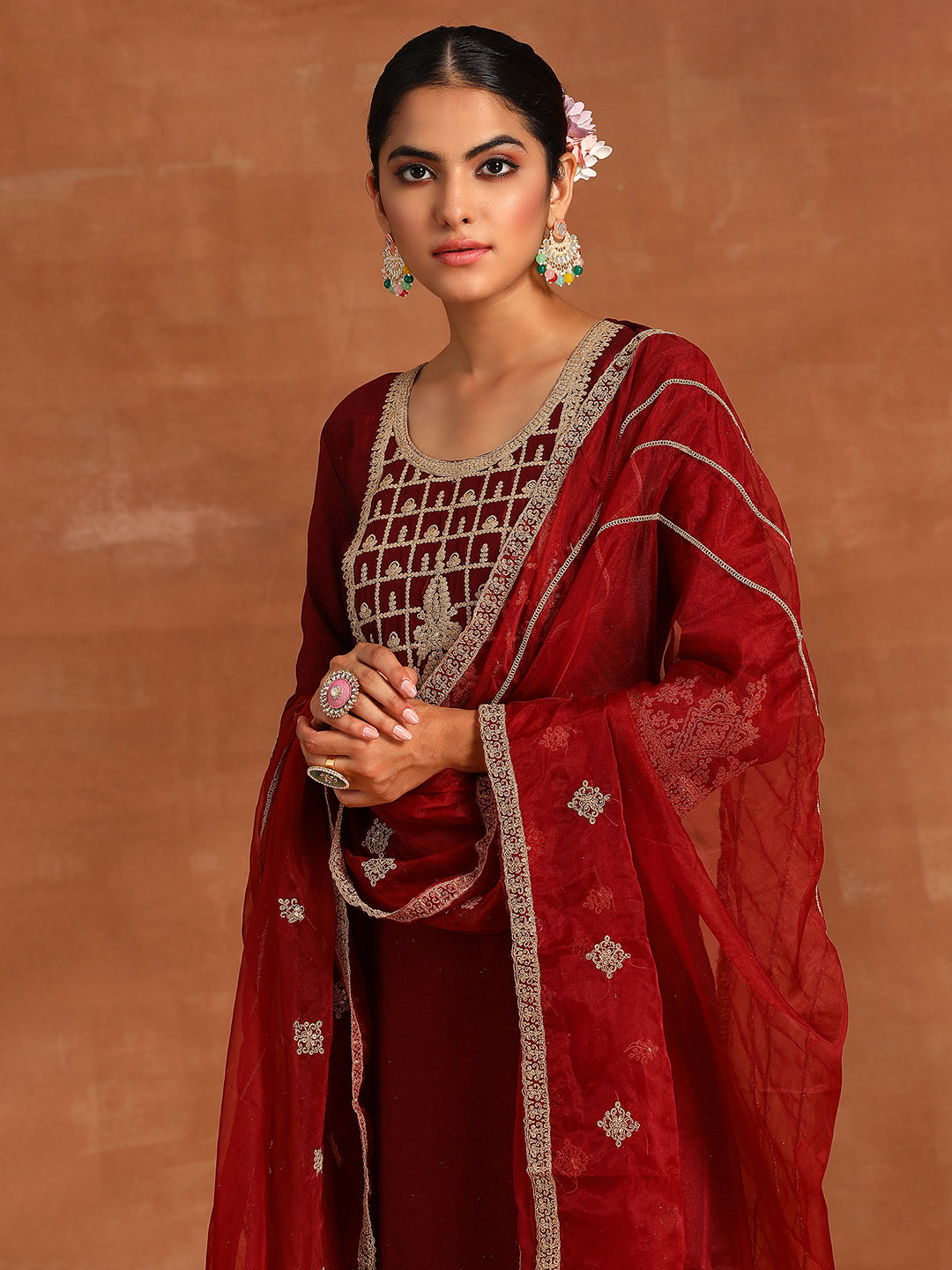 Maroon Embroidered Straight Kurta Trousers With Dupatta Set