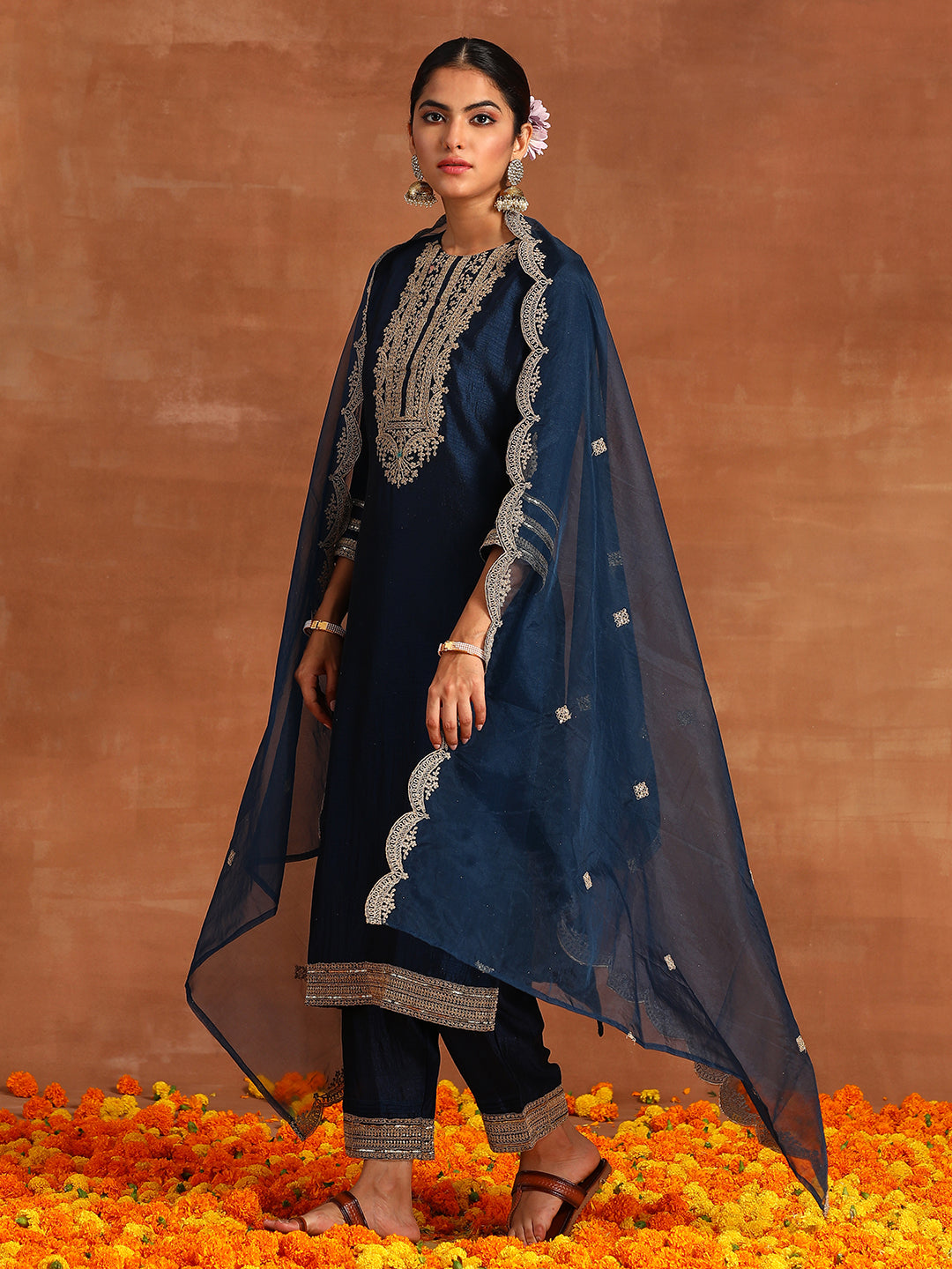 Indo Era Blue Embroidered Straight Kurta Trousers With Dupatta Set