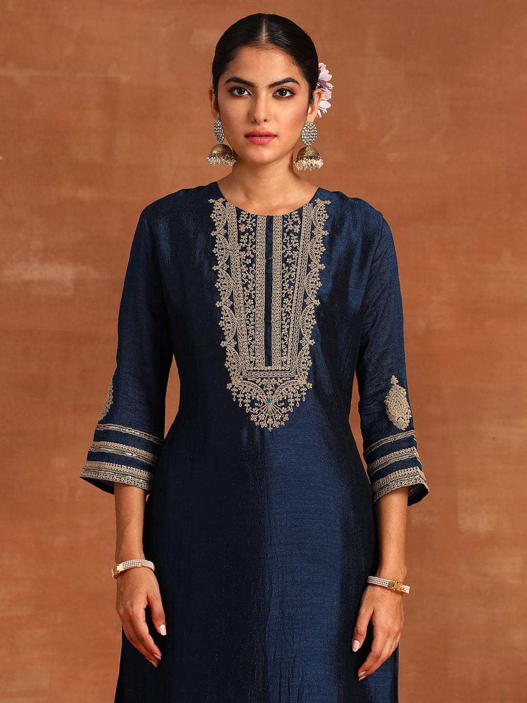 Indo Era Blue Embroidered Straight Kurta Trousers With Dupatta Set
