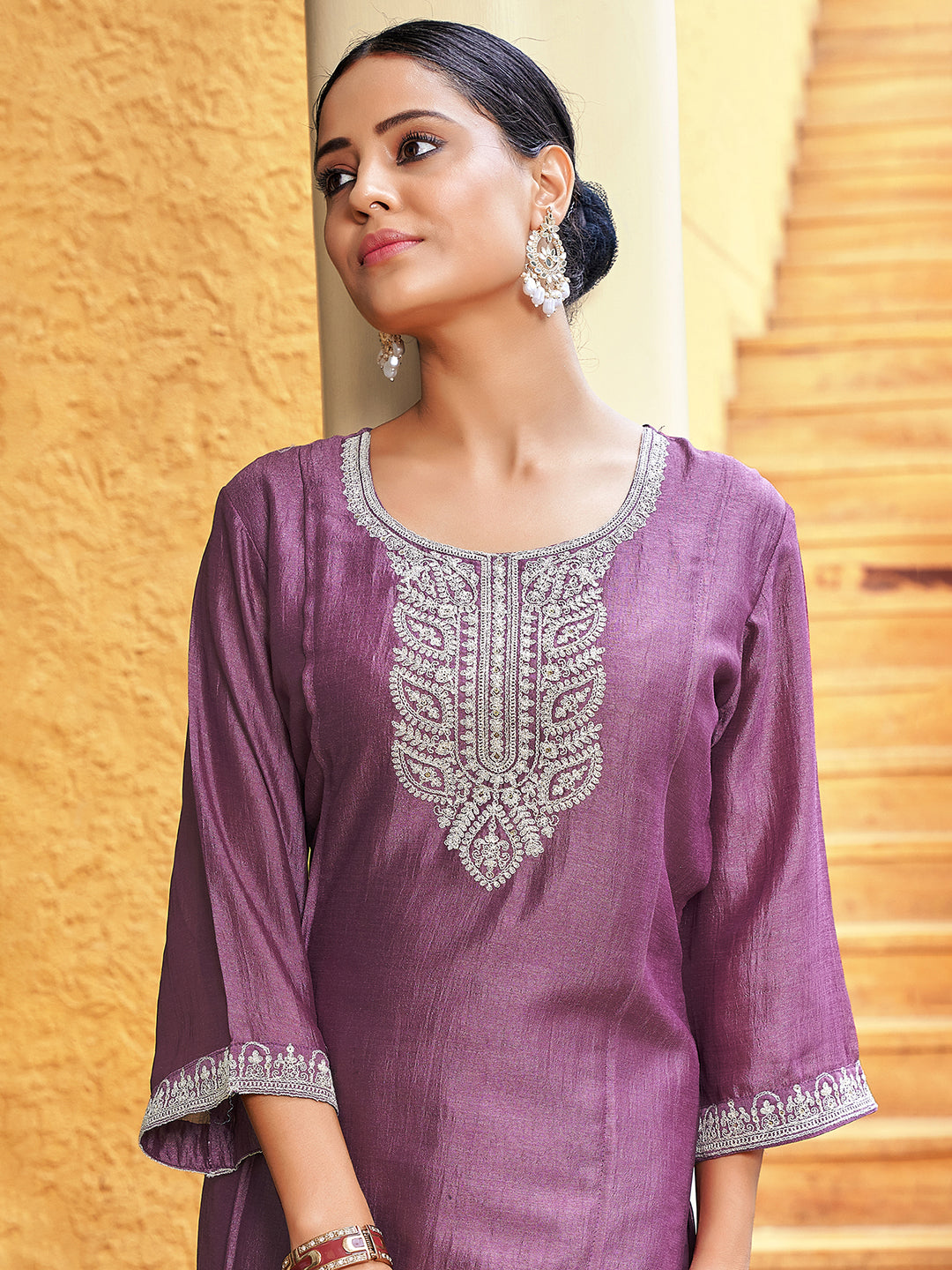 Mauve Embroidered Straight Kurta Trousers With Dupatta Set