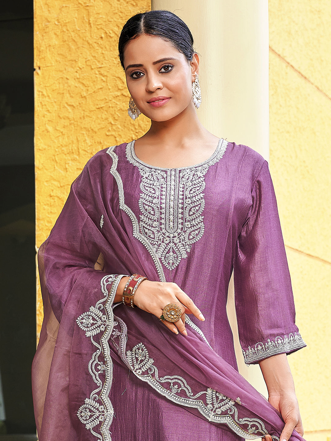 Mauve Embroidered Straight Kurta Trousers With Dupatta Set