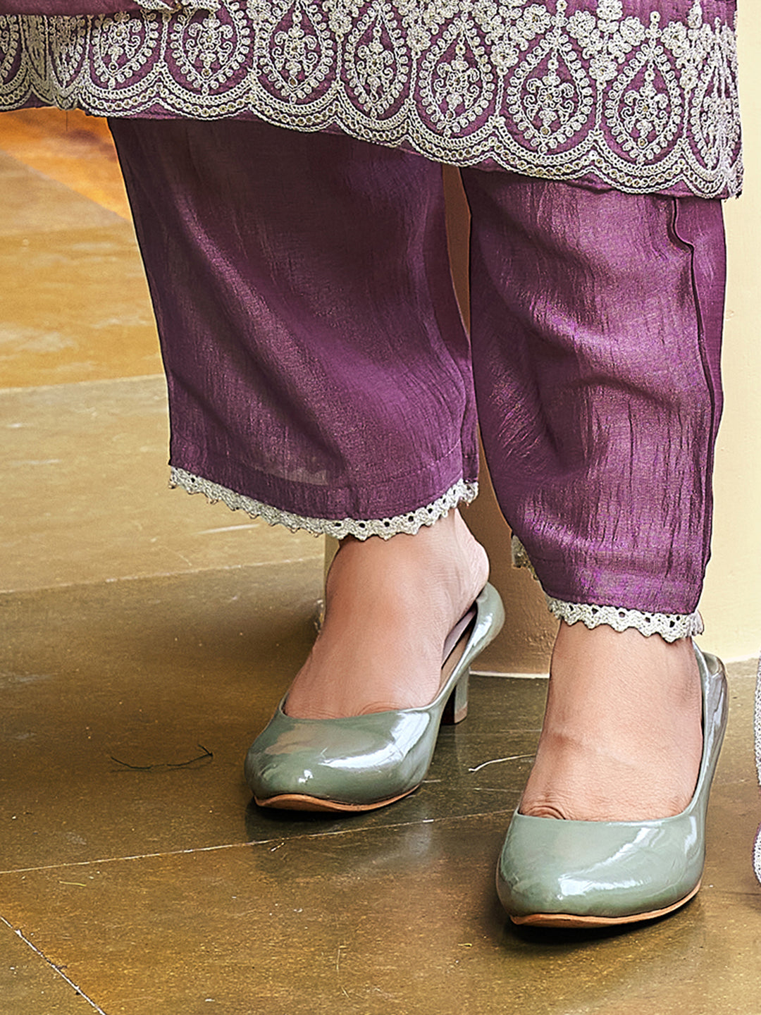 Mauve Embroidered Straight Kurta Trousers With Dupatta Set