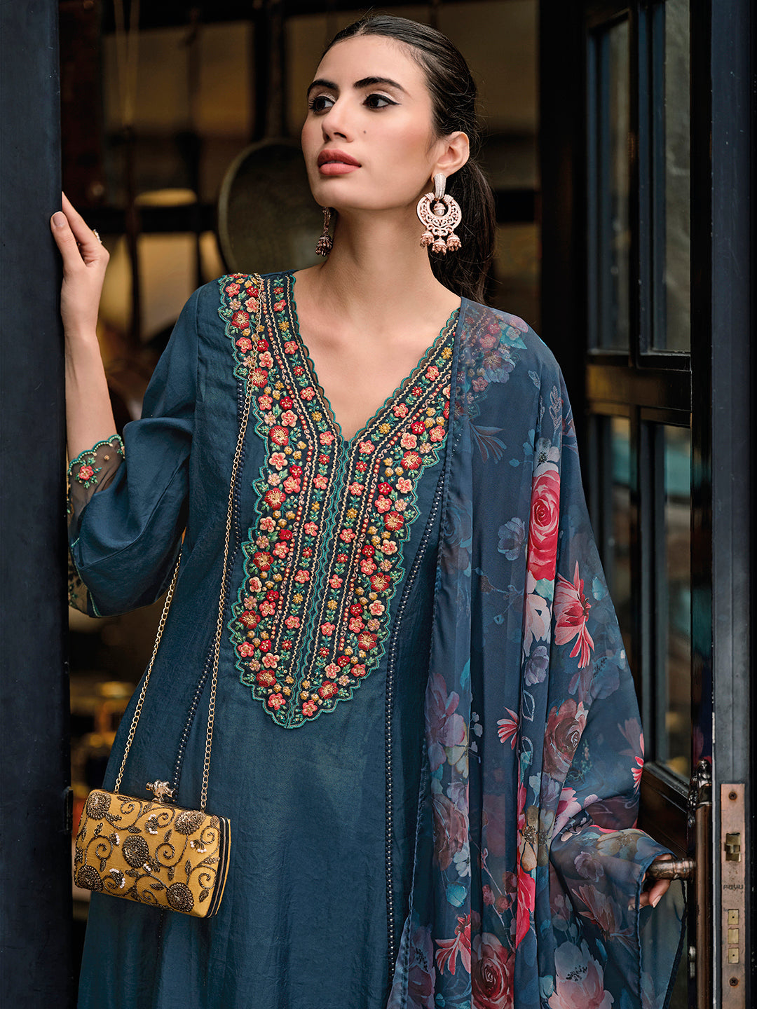 Indo Era Blue Embroidered A-Line Kurta Trousers With Dupatta Set