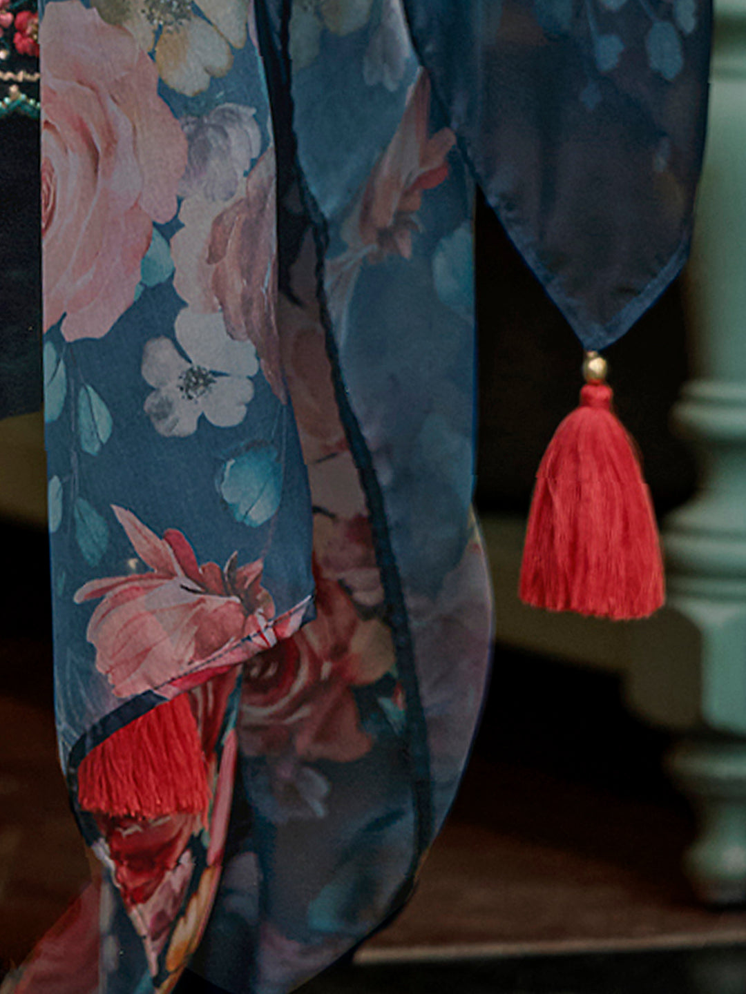 Indo Era Blue Embroidered A-Line Kurta Trousers With Dupatta Set