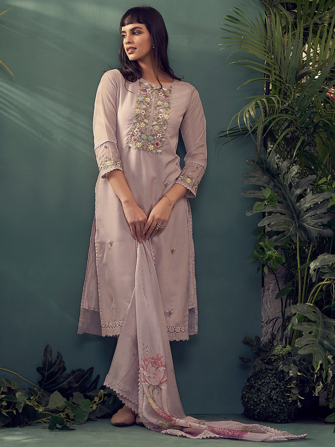 Mauve, purple & green embroidered Kurta with Trousers with dupatta Set