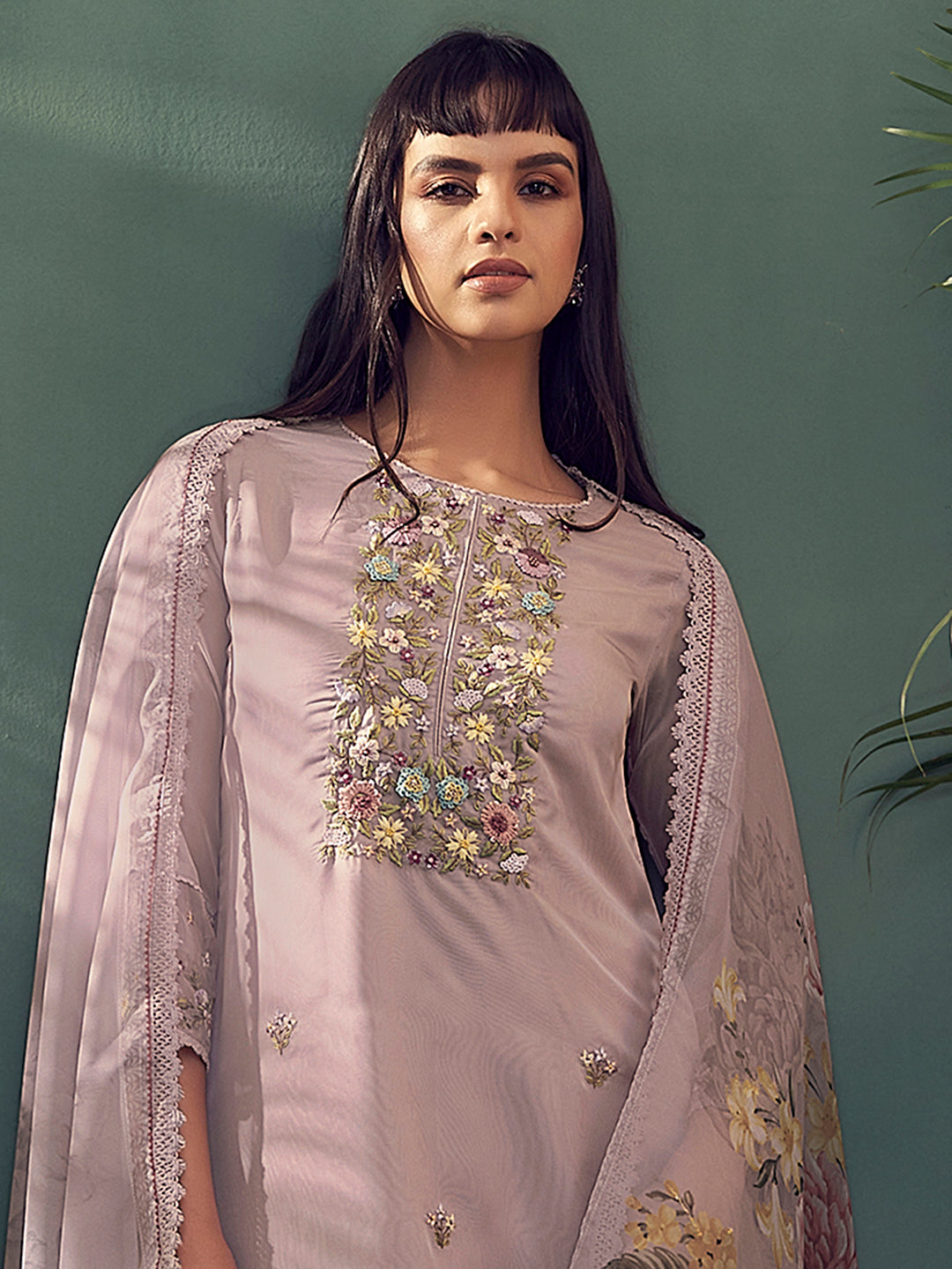 Mauve, purple & green embroidered Kurta with Trousers with dupatta Set