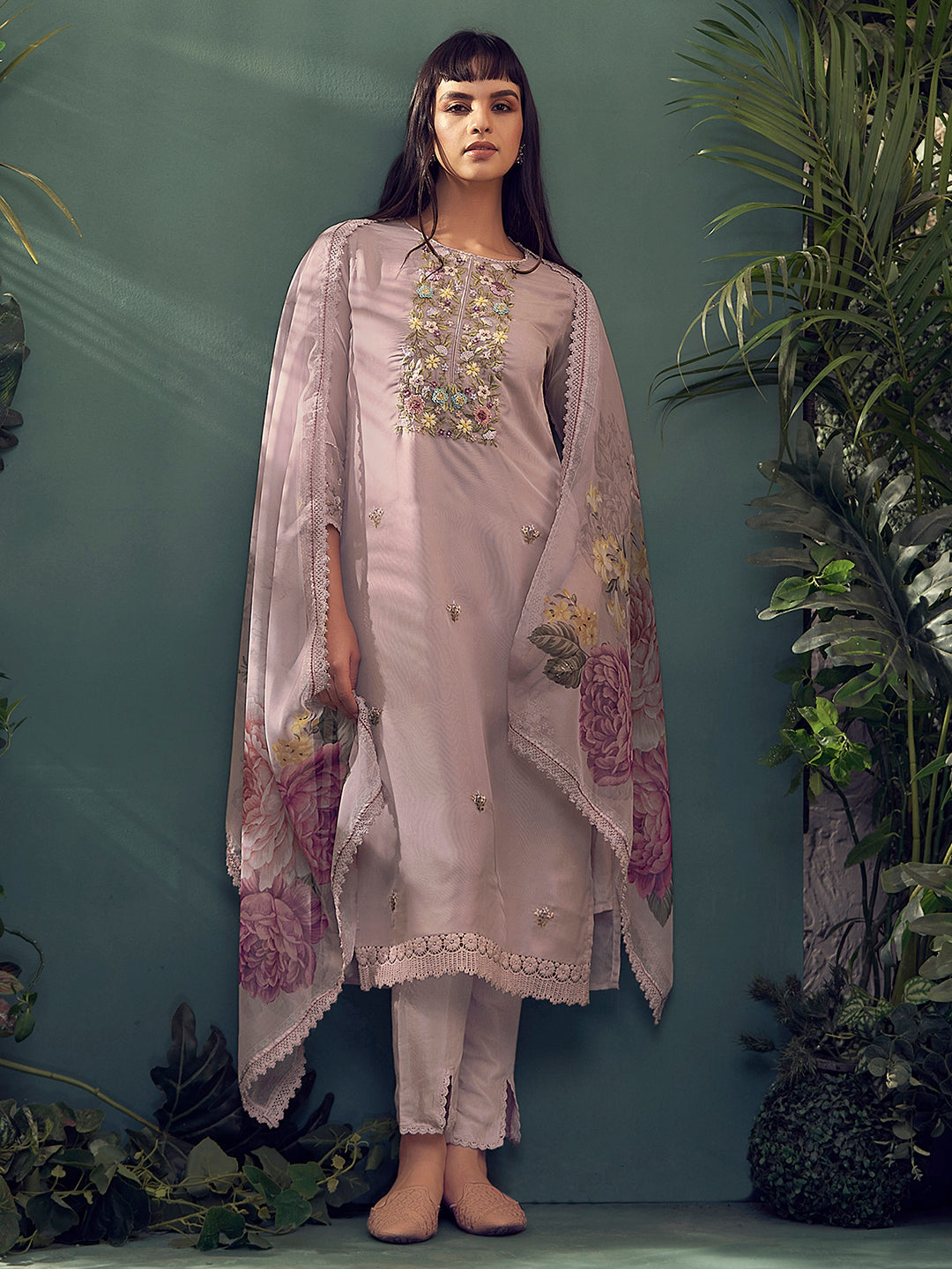 Mauve, purple & green embroidered Kurta with Trousers with dupatta Set
