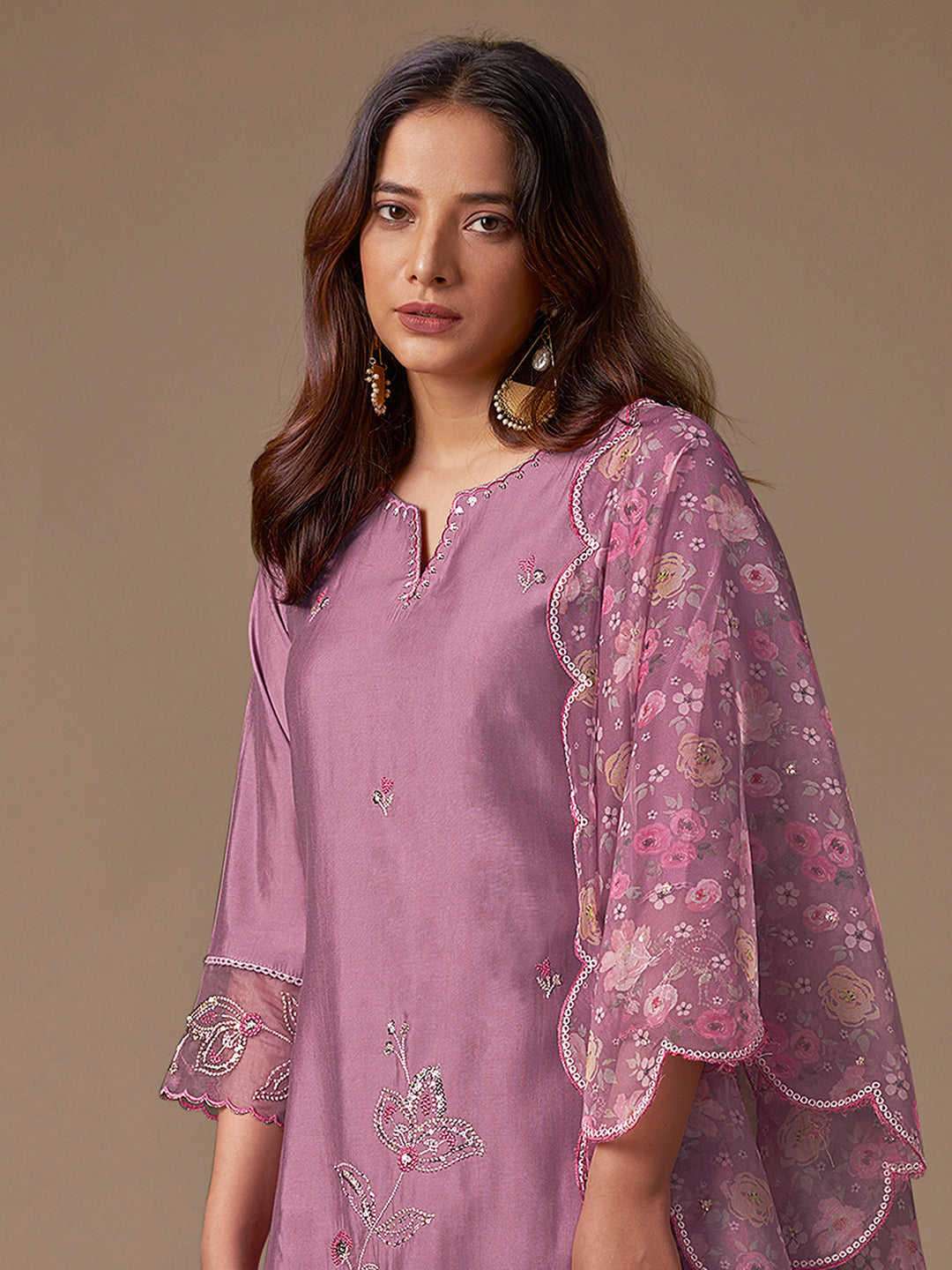Indo Era Lavender Embroidered Straight Kurta Trousers With Dupatta Set