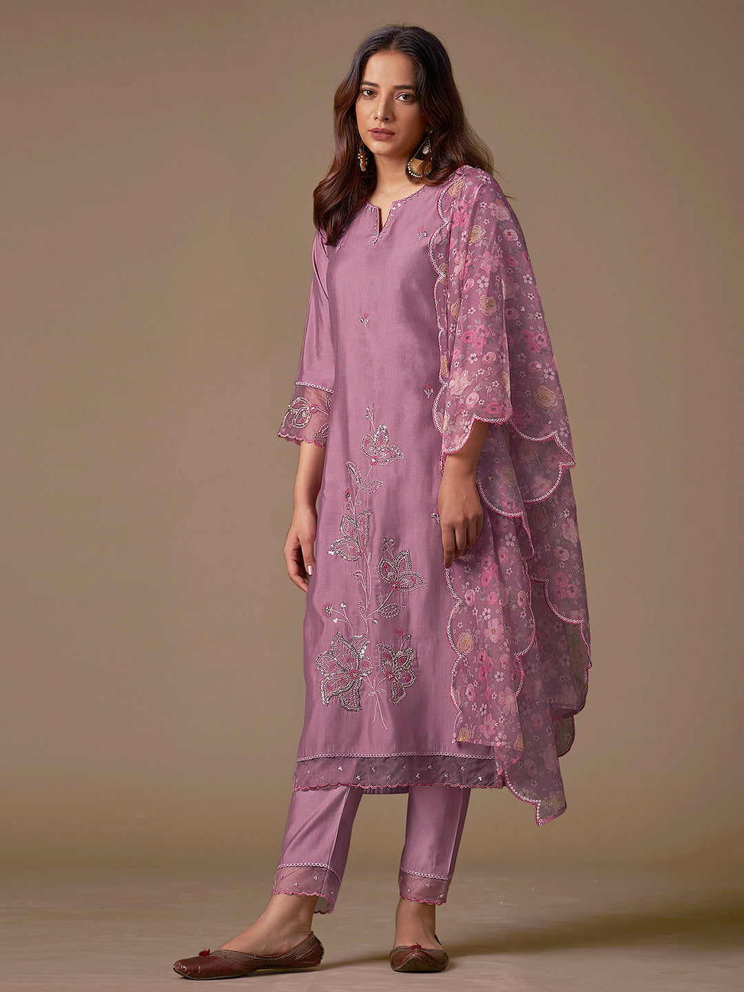 Indo Era Lavender Embroidered Straight Kurta Trousers With Dupatta Set