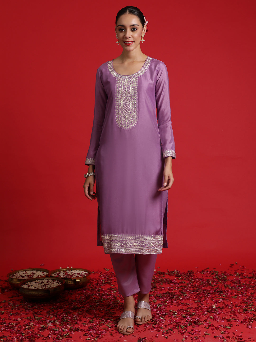 Indo Era Lavender Embroidered Straight Kurta Trousers With Dupatta Set