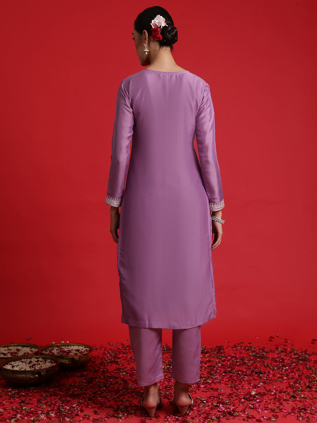 Indo Era Lavender Embroidered Straight Kurta Trousers With Dupatta Set