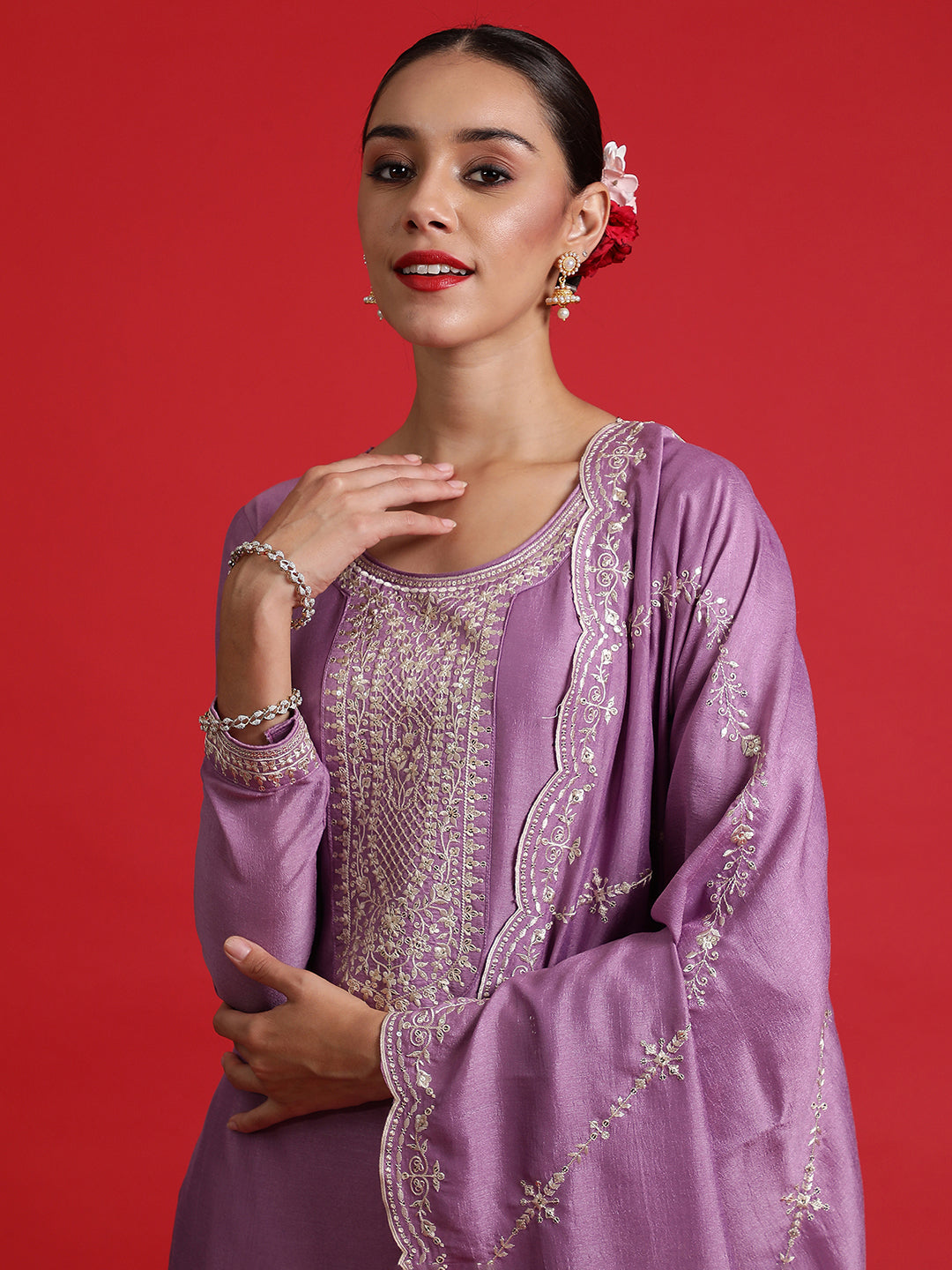Indo Era Lavender Embroidered Straight Kurta Trousers With Dupatta Set