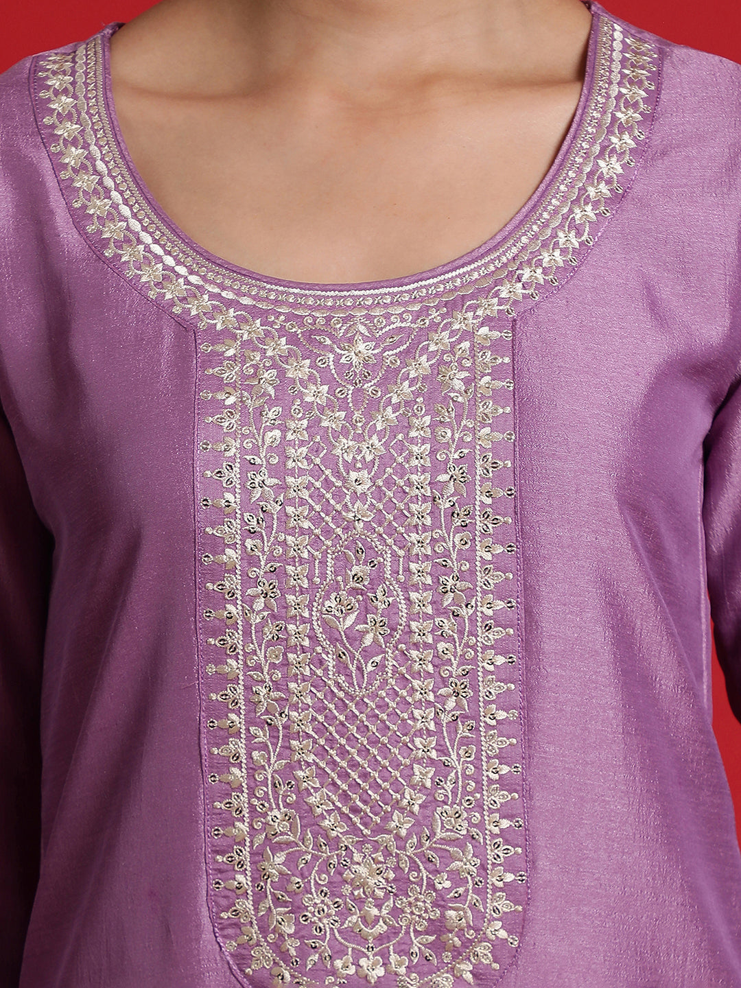 Indo Era Lavender Embroidered Straight Kurta Trousers With Dupatta Set
