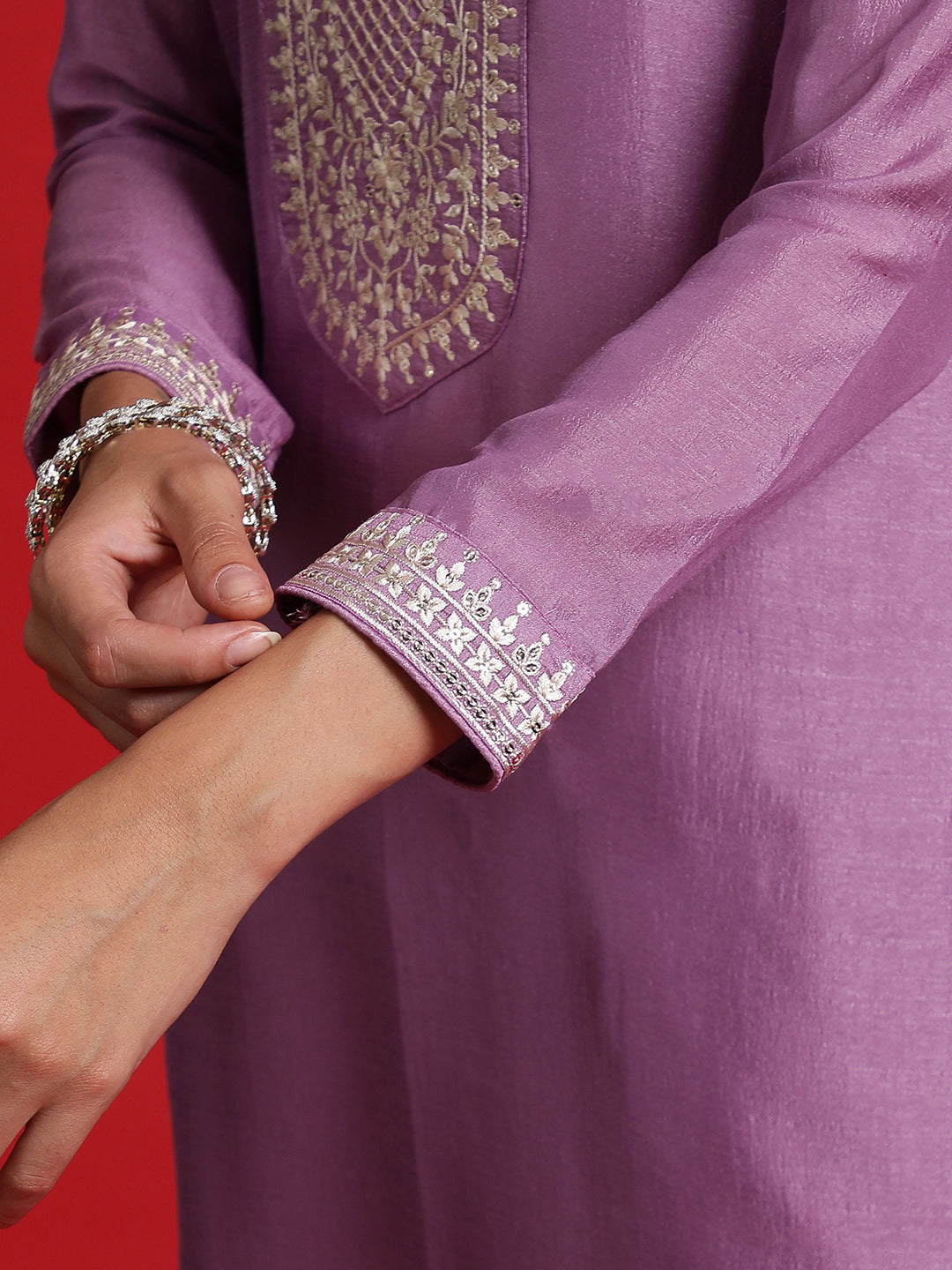 Indo Era Lavender Embroidered Straight Kurta Trousers With Dupatta Set