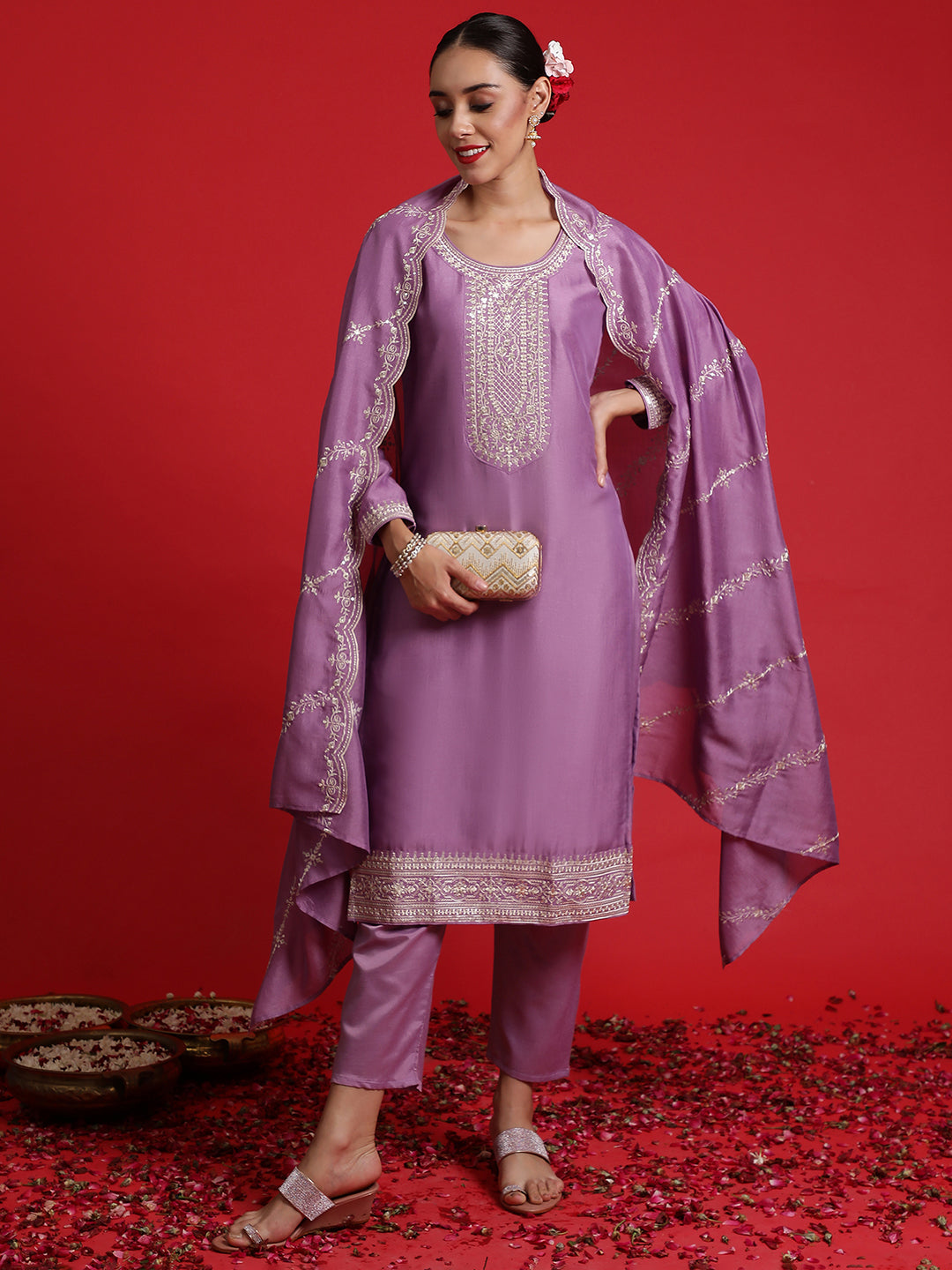 Indo Era Lavender Embroidered Straight Kurta Trousers With Dupatta Set