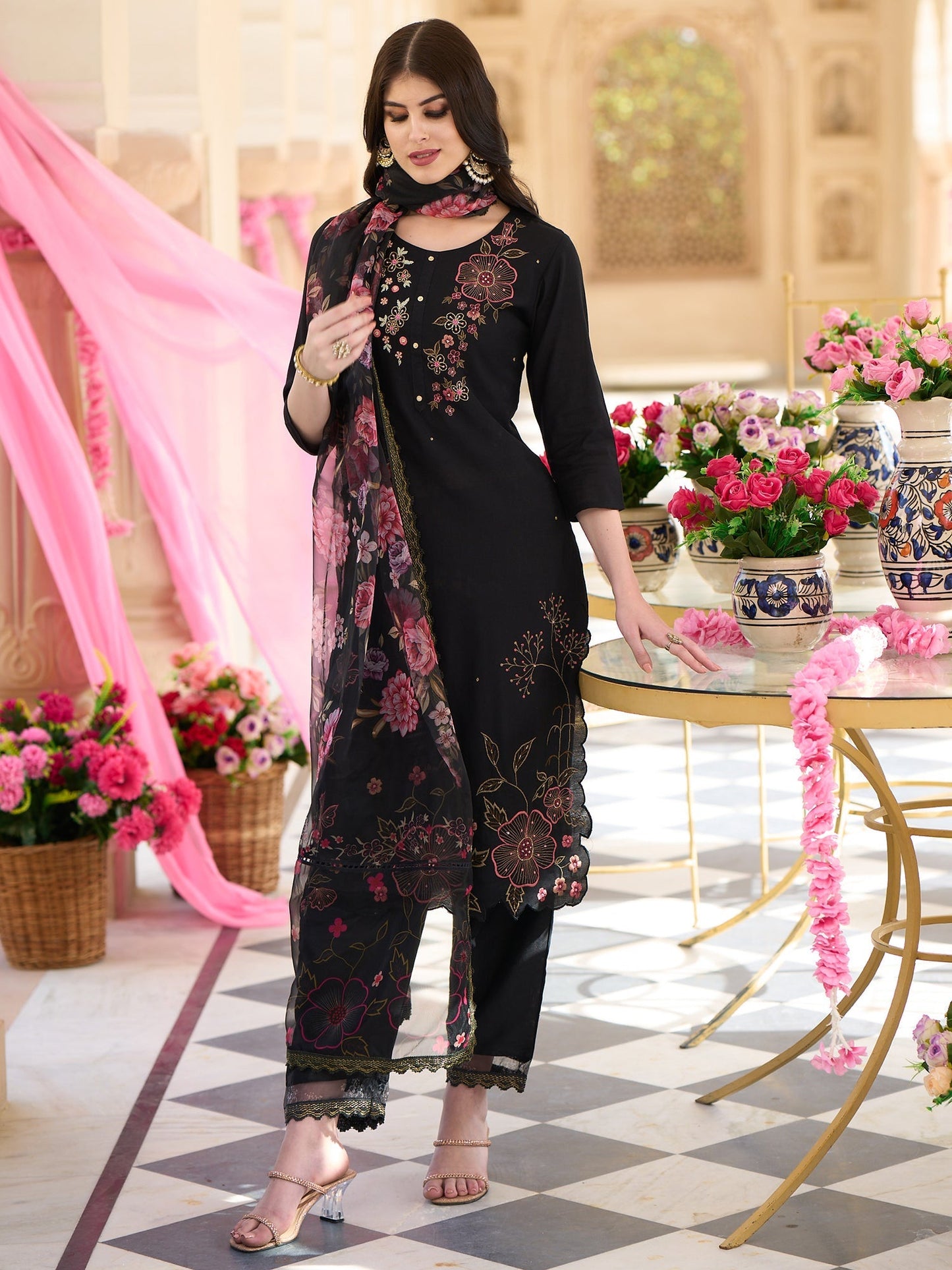 Indo Era Black Embroidered Straight Kurta Trousers With Dupatta Set