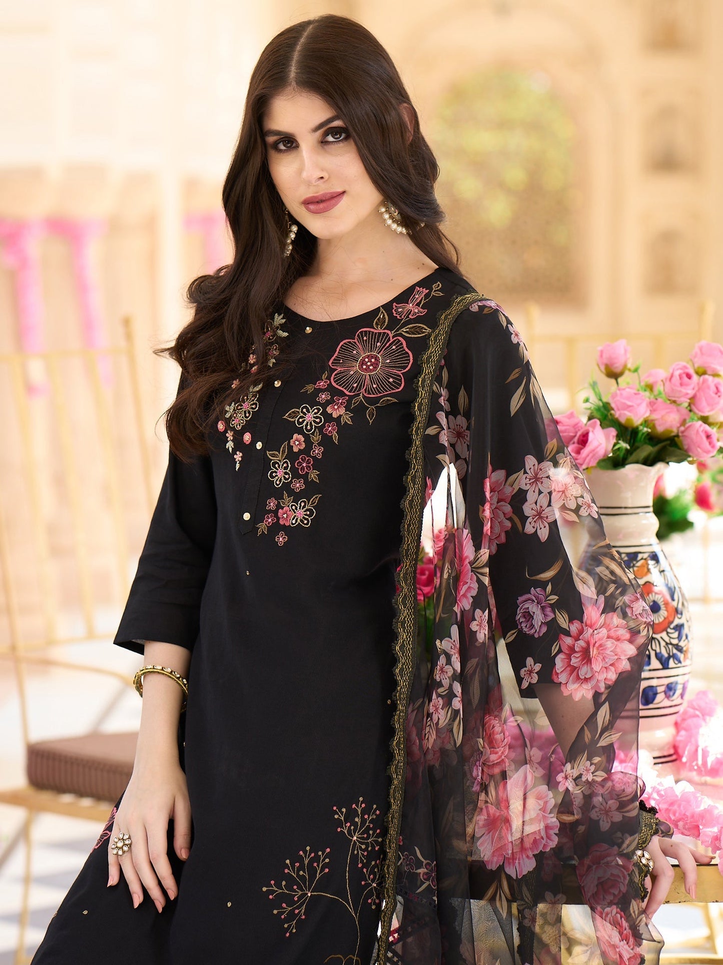 Indo Era Black Embroidered Straight Kurta Trousers With Dupatta Set
