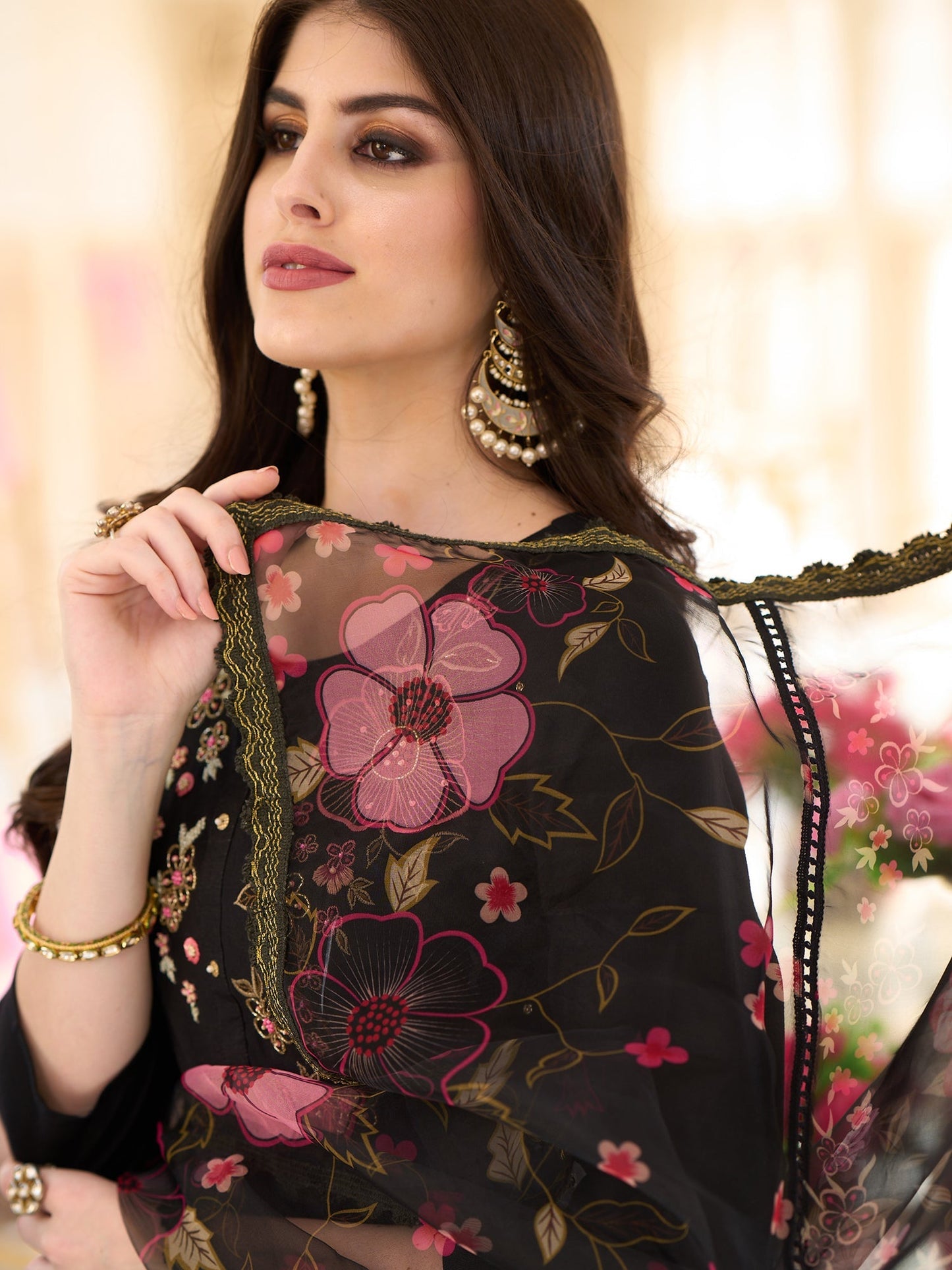 Indo Era Black Embroidered Straight Kurta Trousers With Dupatta Set