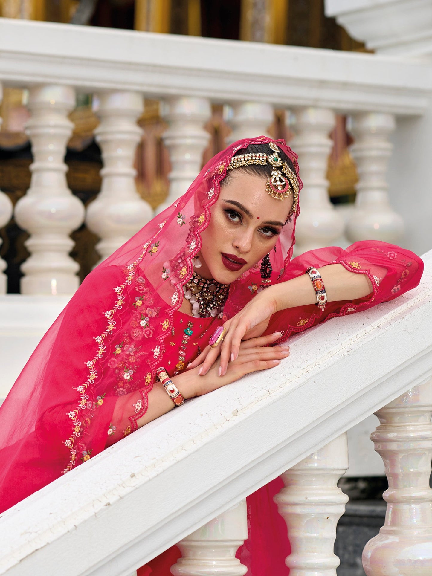 Indo Era Magenta Embroidered A-Line Kurta Trousers With Dupatta Set