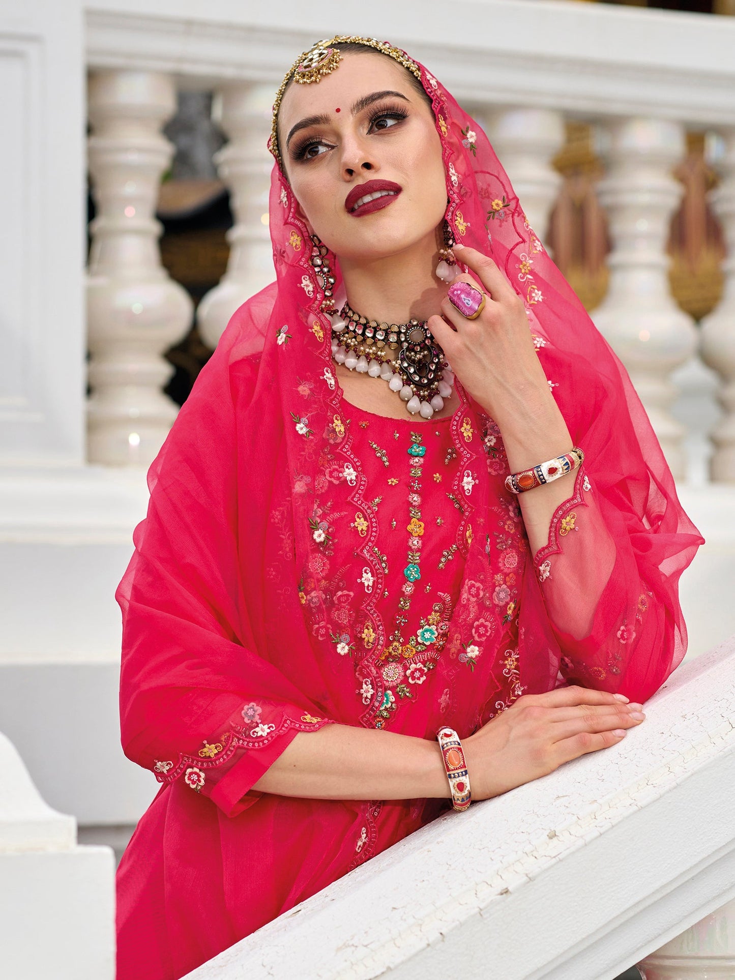 Indo Era Magenta Embroidered A-Line Kurta Trousers With Dupatta Set