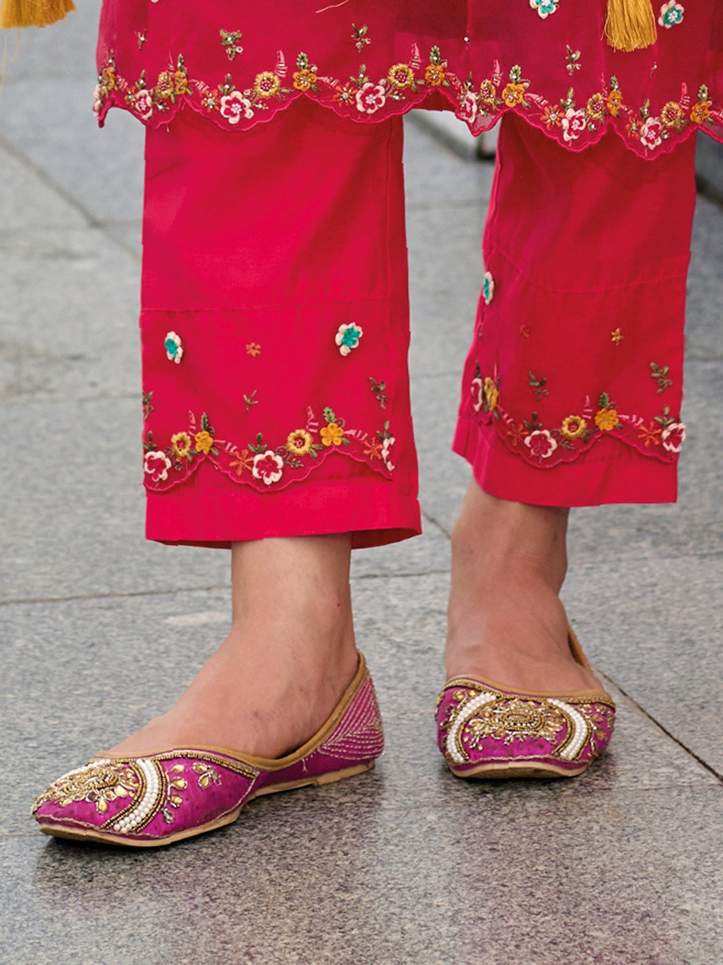 Indo Era Magenta Embroidered A-Line Kurta Trousers With Dupatta Set