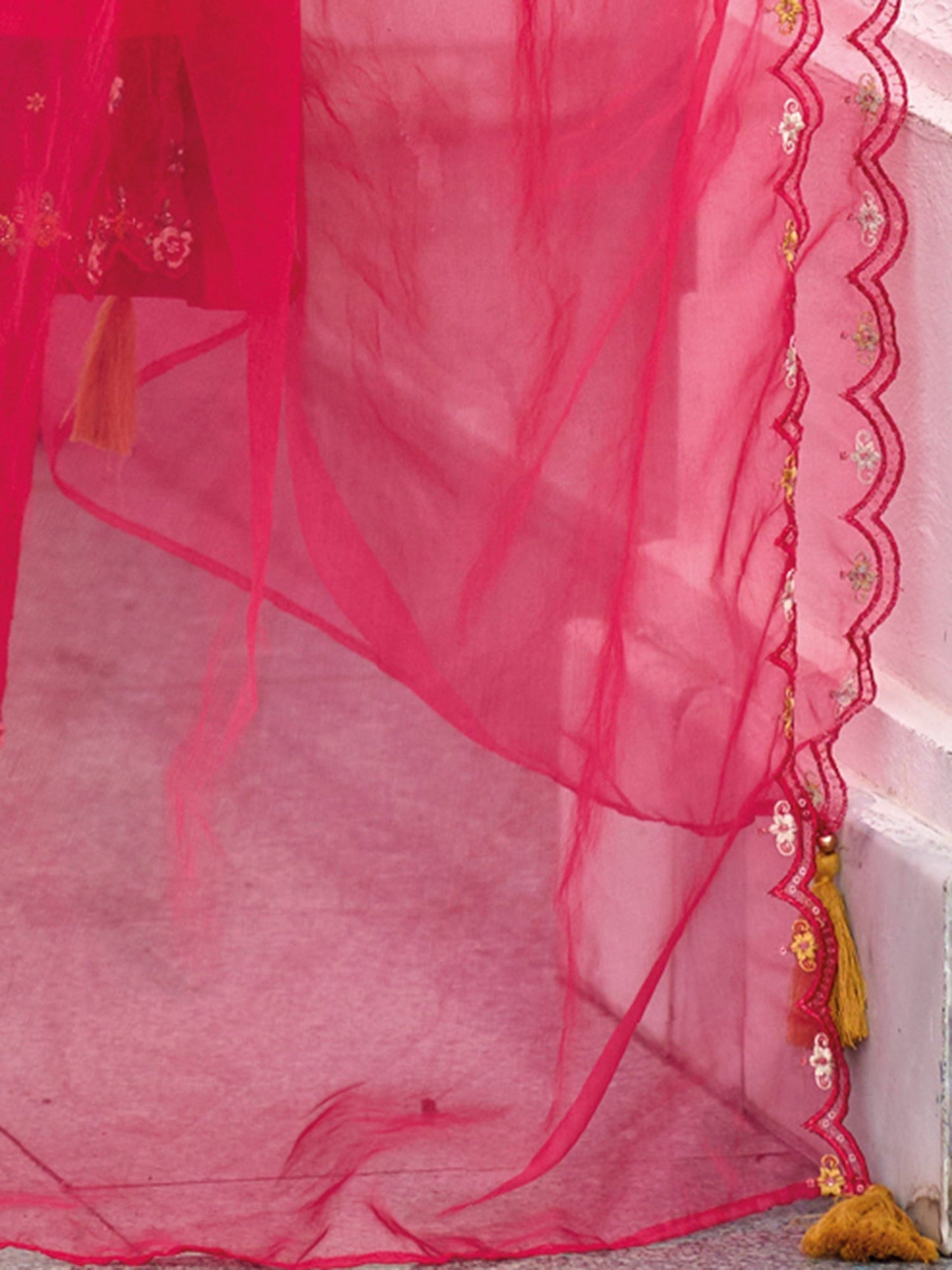 Indo Era Magenta Embroidered A-Line Kurta Trousers With Dupatta Set