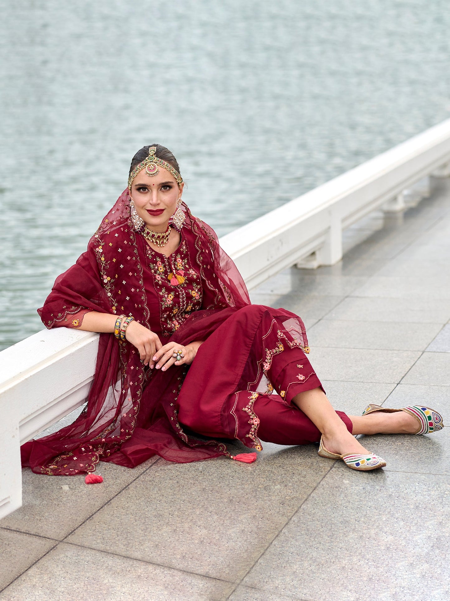 Indo Era Maroon Embroidered A-Line Kurta Trousers With Dupatta Set