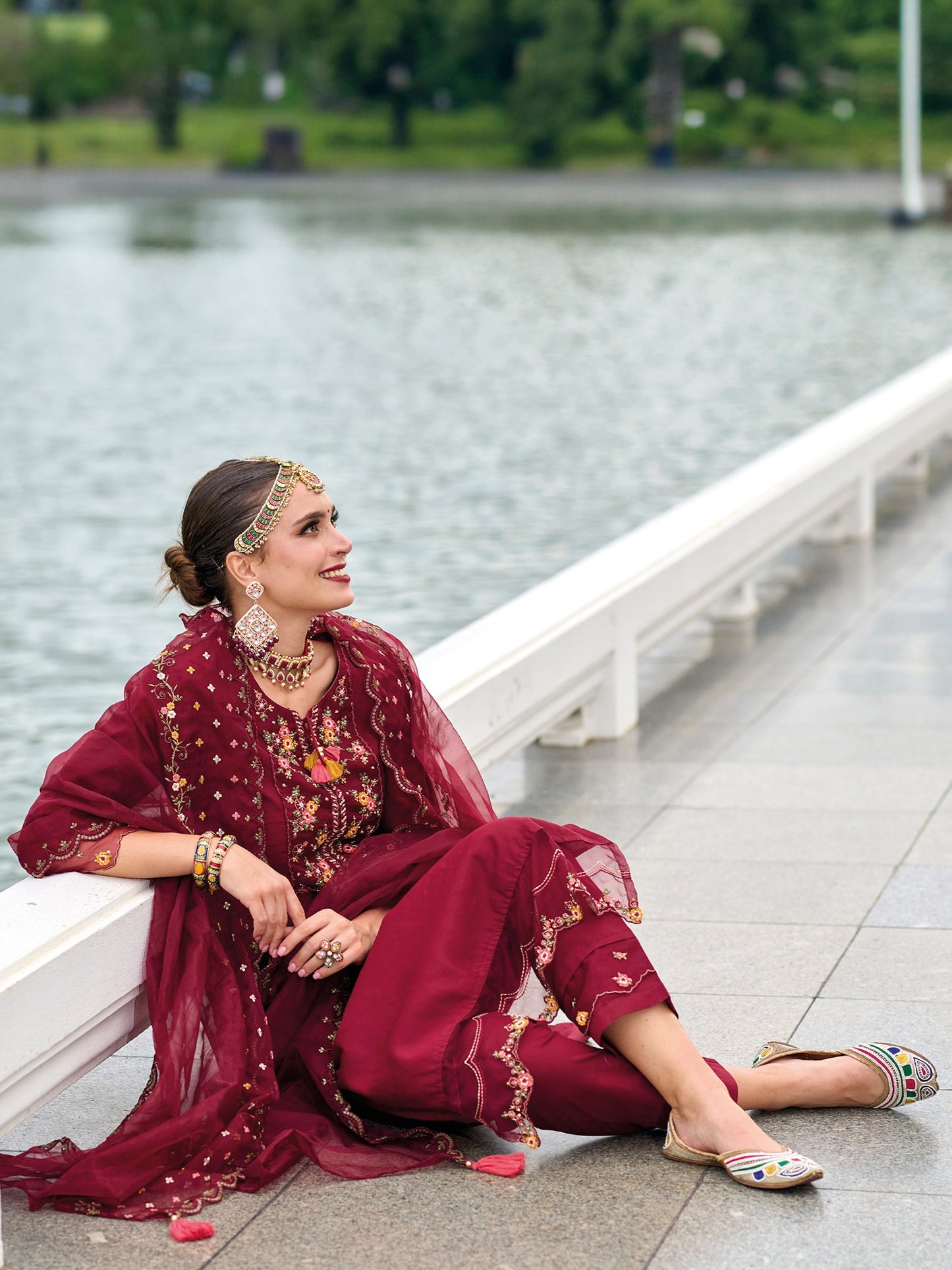Indo Era Maroon Embroidered A-Line Kurta Trousers With Dupatta Set