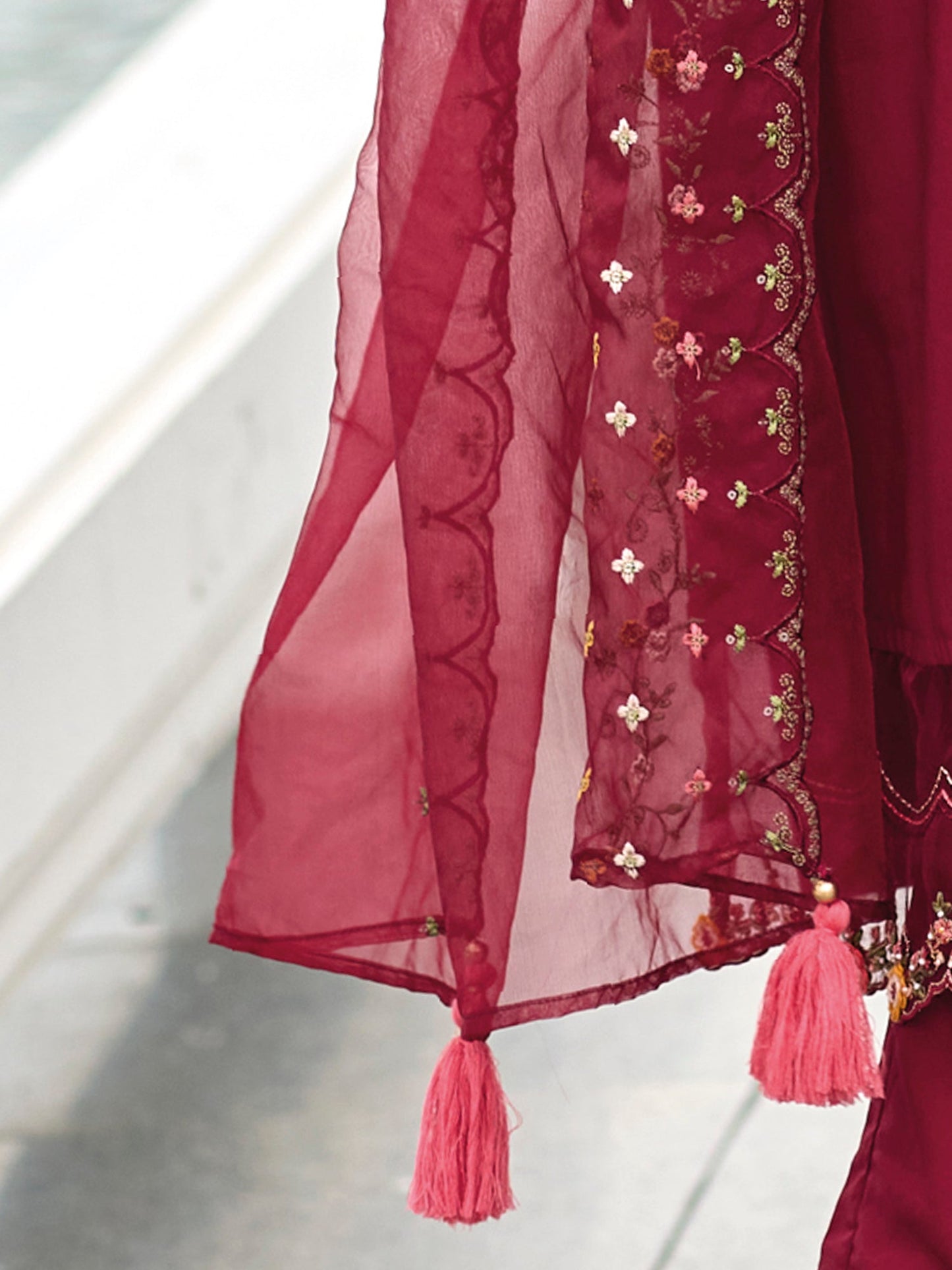 Indo Era Maroon Embroidered A-Line Kurta Trousers With Dupatta Set