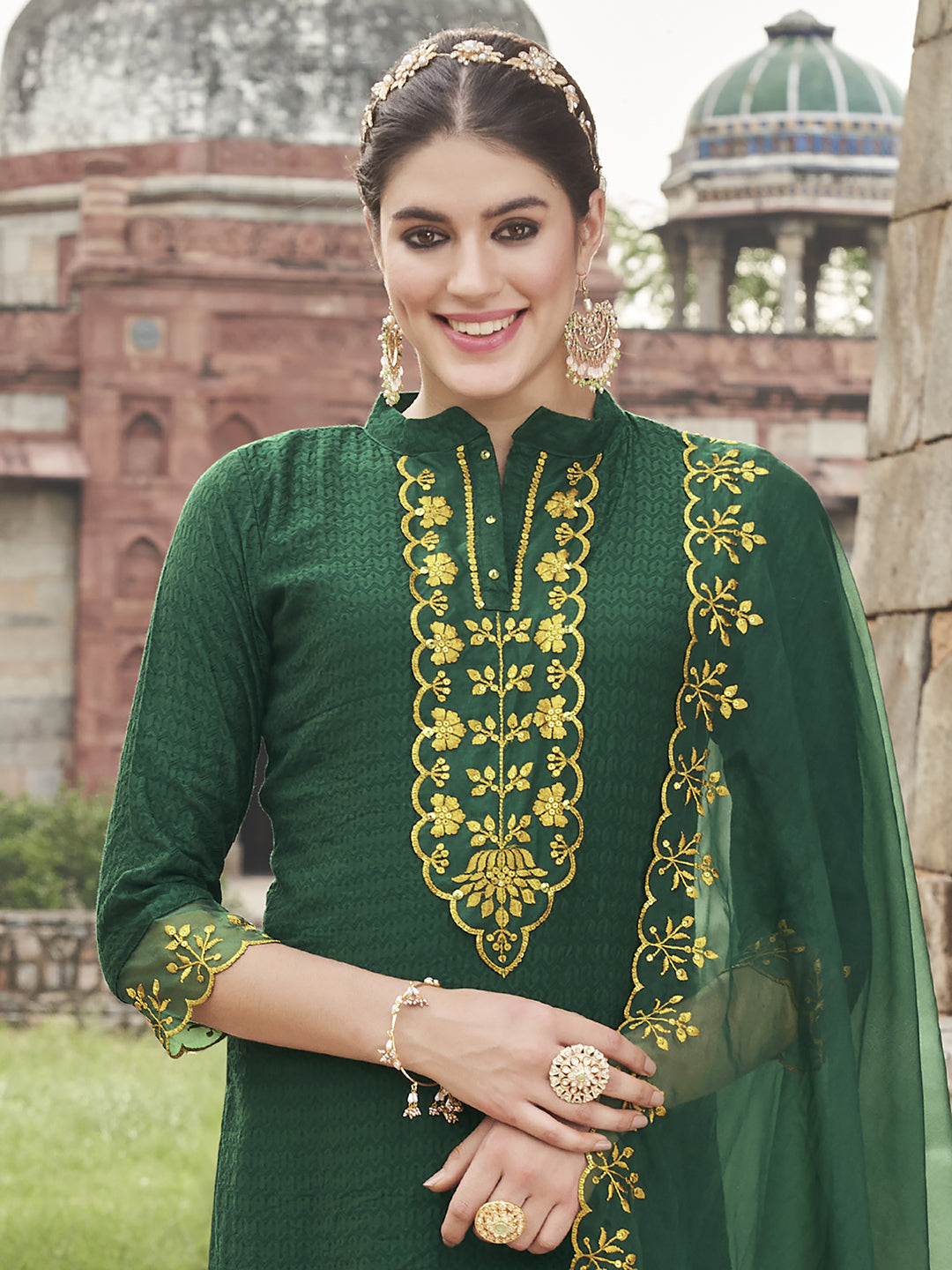 Indo Era Green Embroidered Straight Kurta Trousers With Dupatta Set