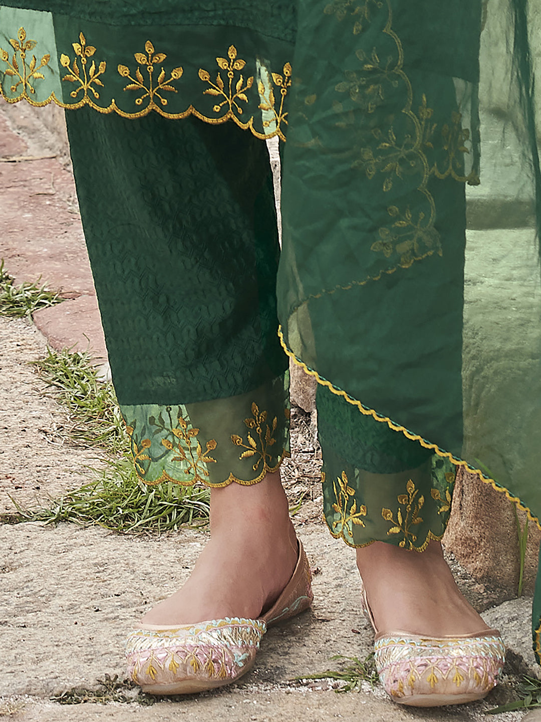 Indo Era Green Embroidered Straight Kurta Trousers With Dupatta Set