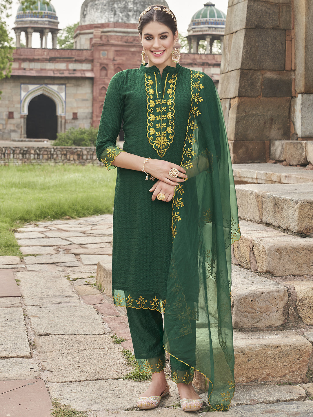 Indo Era Green Embroidered Straight Kurta Trousers With Dupatta Set
