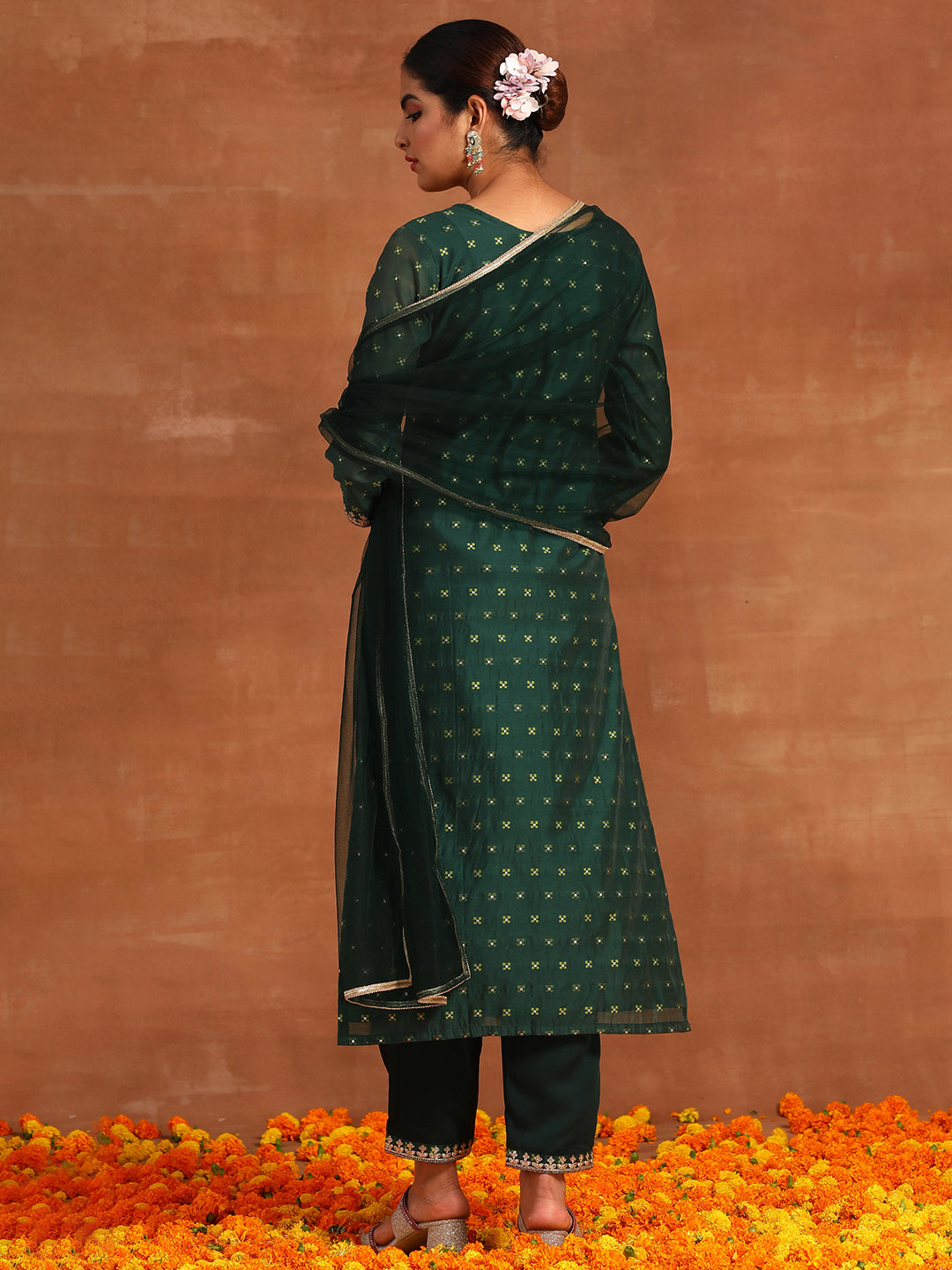 Indo Era Green Embroidered Straight Kurta Trousers With Dupatta Set