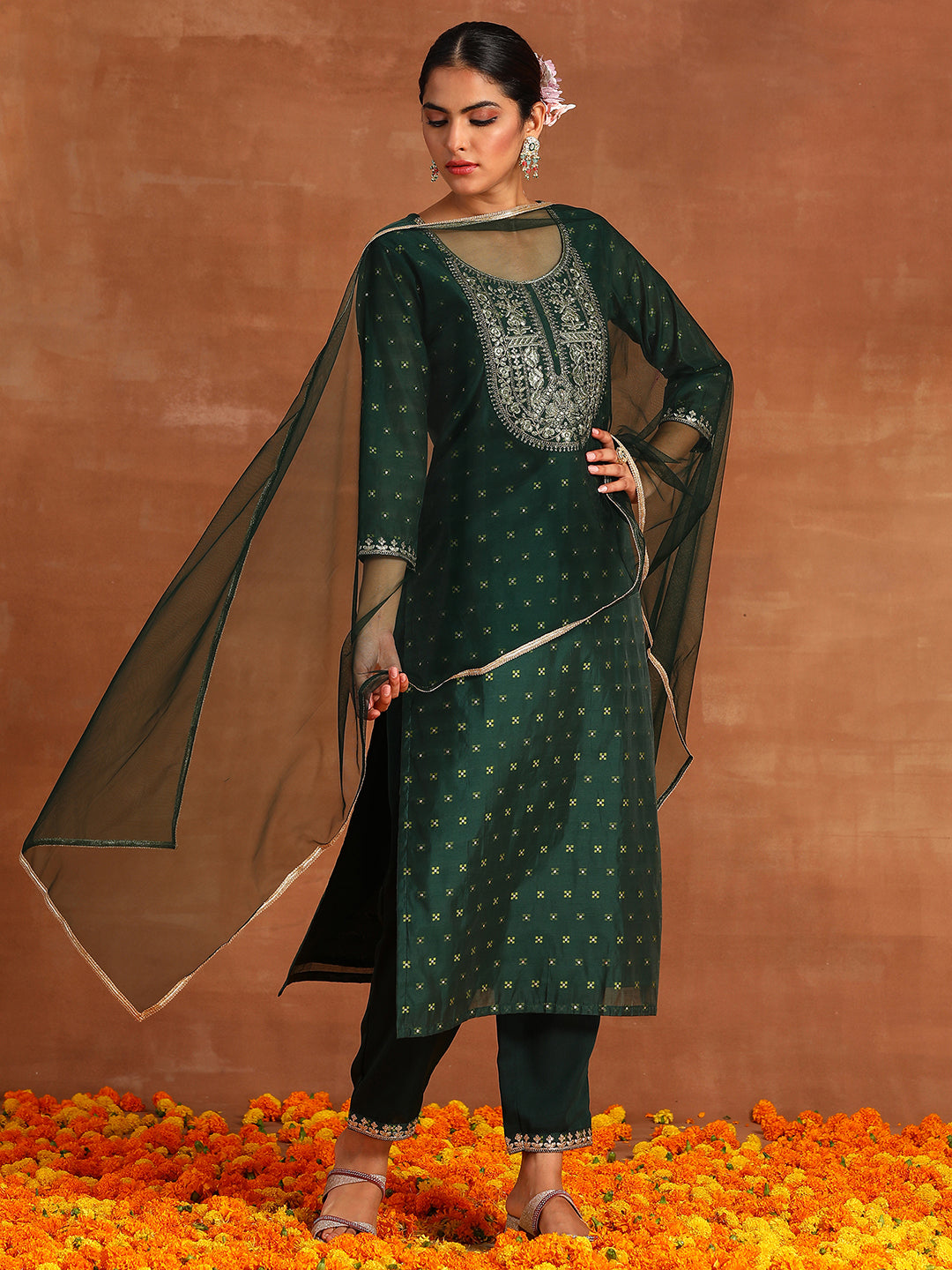 Indo Era Green Embroidered Straight Kurta Trousers With Dupatta Set