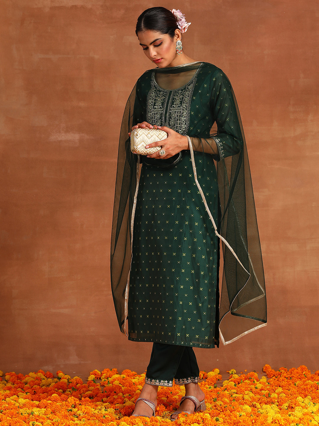 Indo Era Green Embroidered Straight Kurta Trousers With Dupatta Set