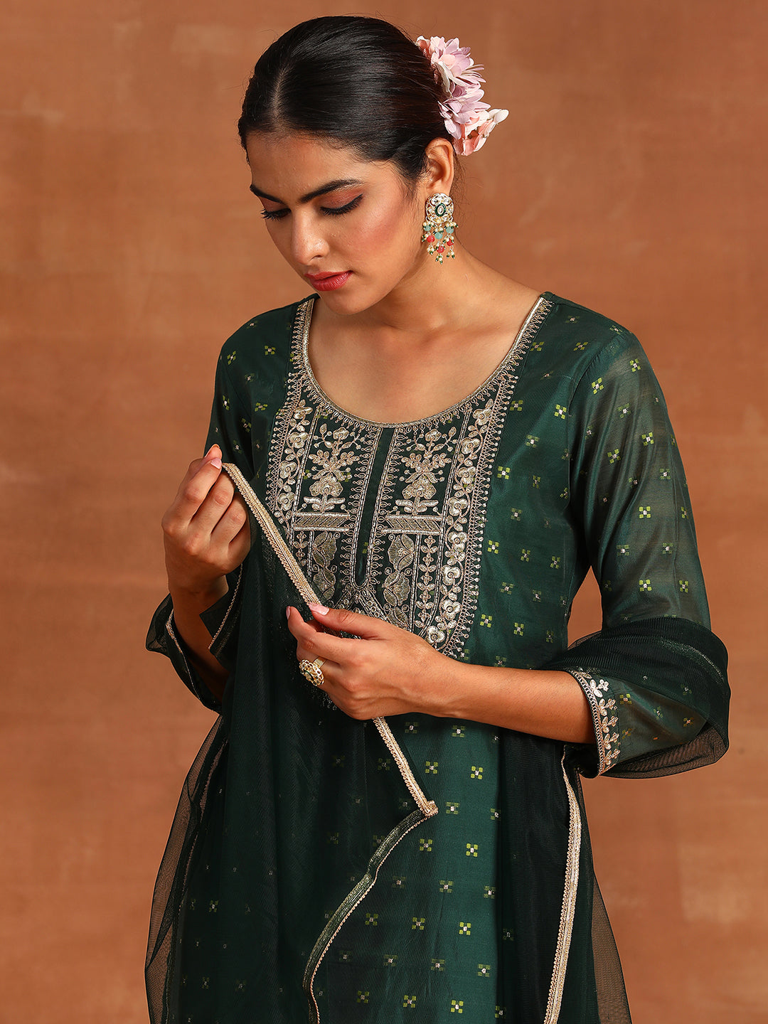 Indo Era Green Embroidered Straight Kurta Trousers With Dupatta Set