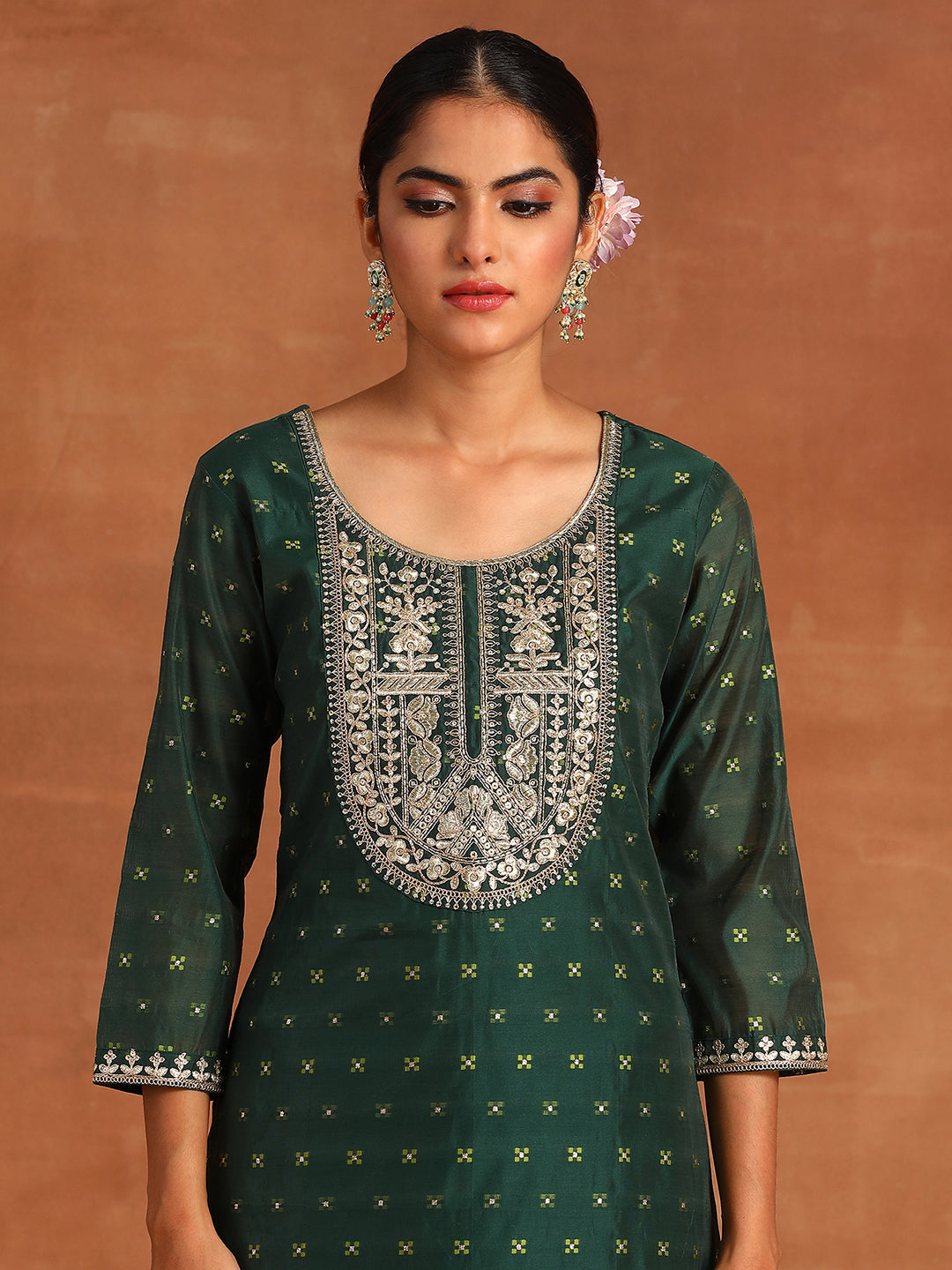 Indo Era Green Embroidered Straight Kurta Trousers With Dupatta Set