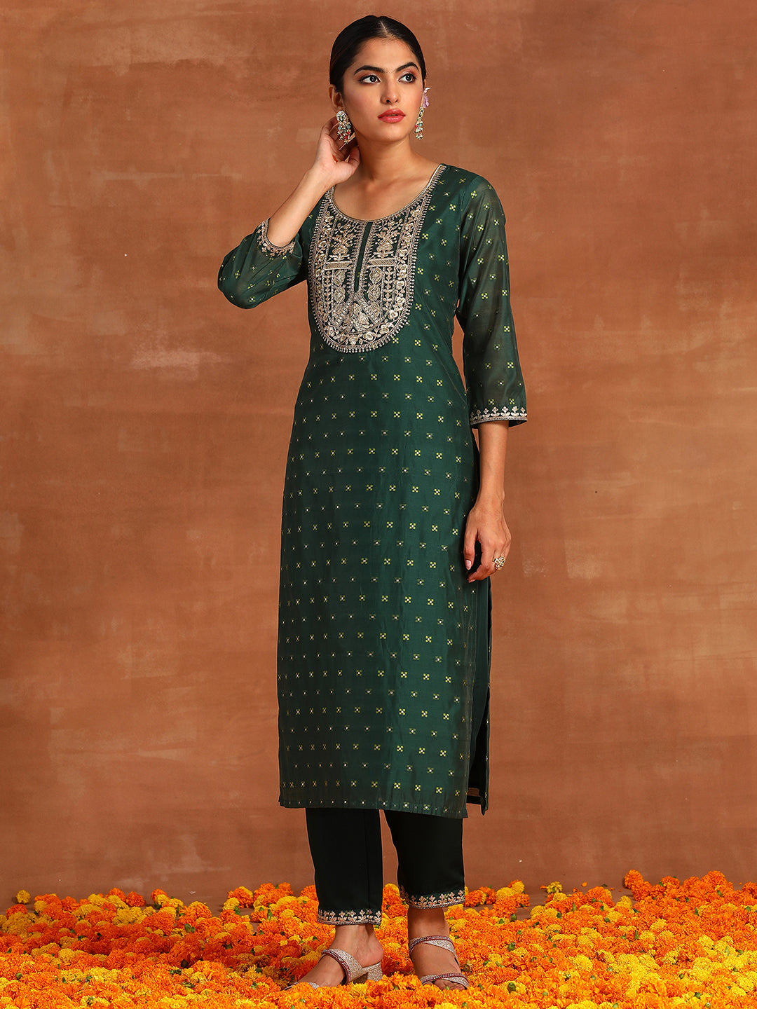 Indo Era Green Embroidered Straight Kurta Trousers With Dupatta Set