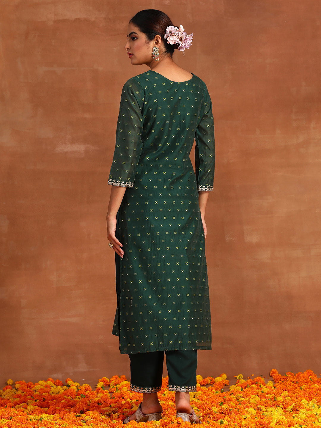 Indo Era Green Embroidered Straight Kurta Trousers With Dupatta Set