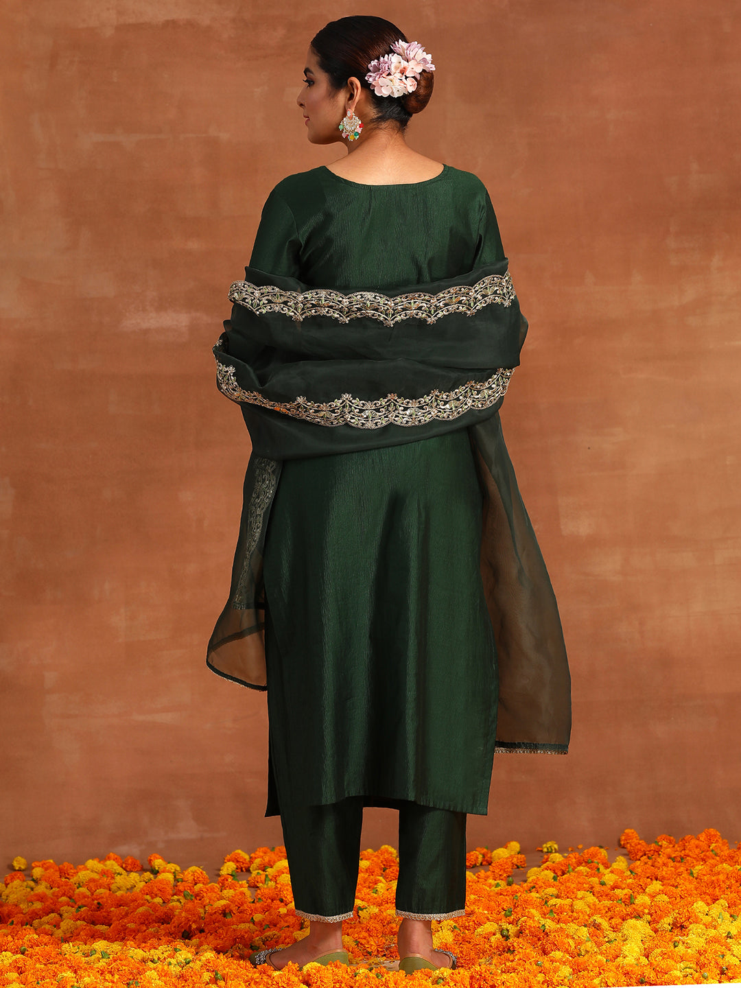Indo Era Green Embroidered Straight Kurta Trousers With Dupatta Set
