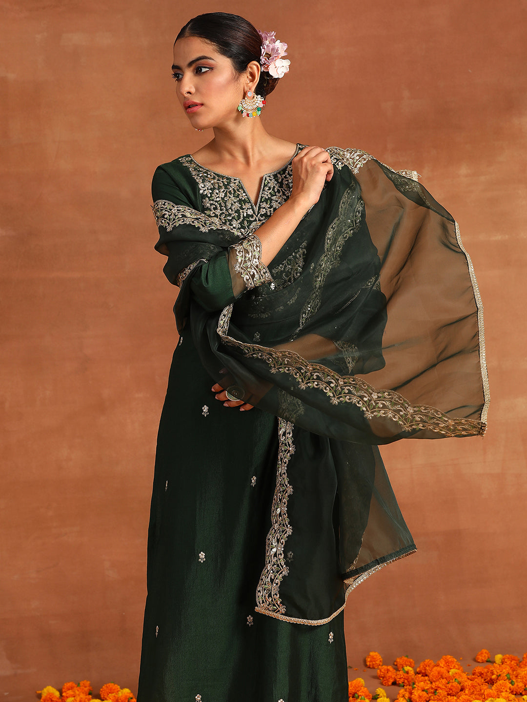 Indo Era Green Embroidered Straight Kurta Trousers With Dupatta Set