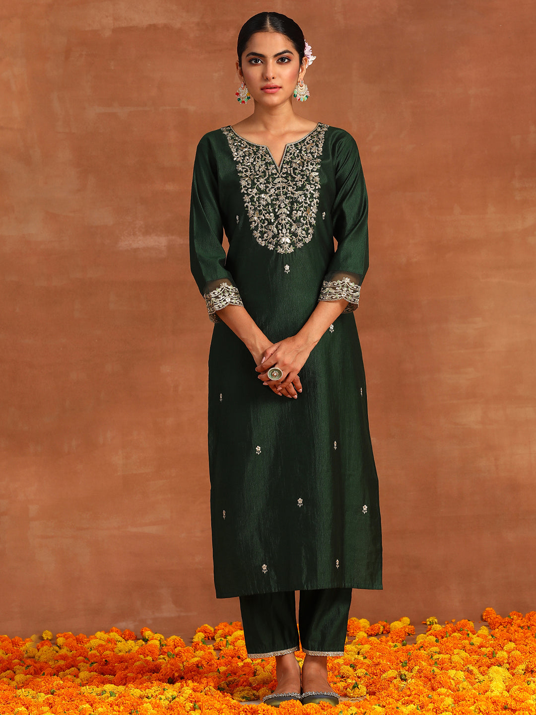 Indo Era Green Embroidered Straight Kurta Trousers With Dupatta Set
