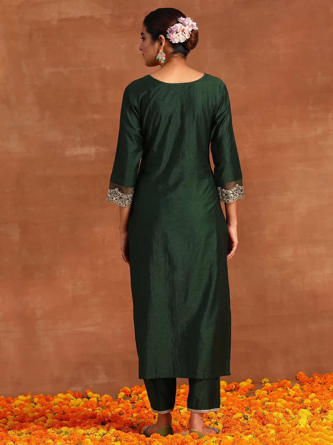 Indo Era Green Embroidered Straight Kurta Trousers With Dupatta Set