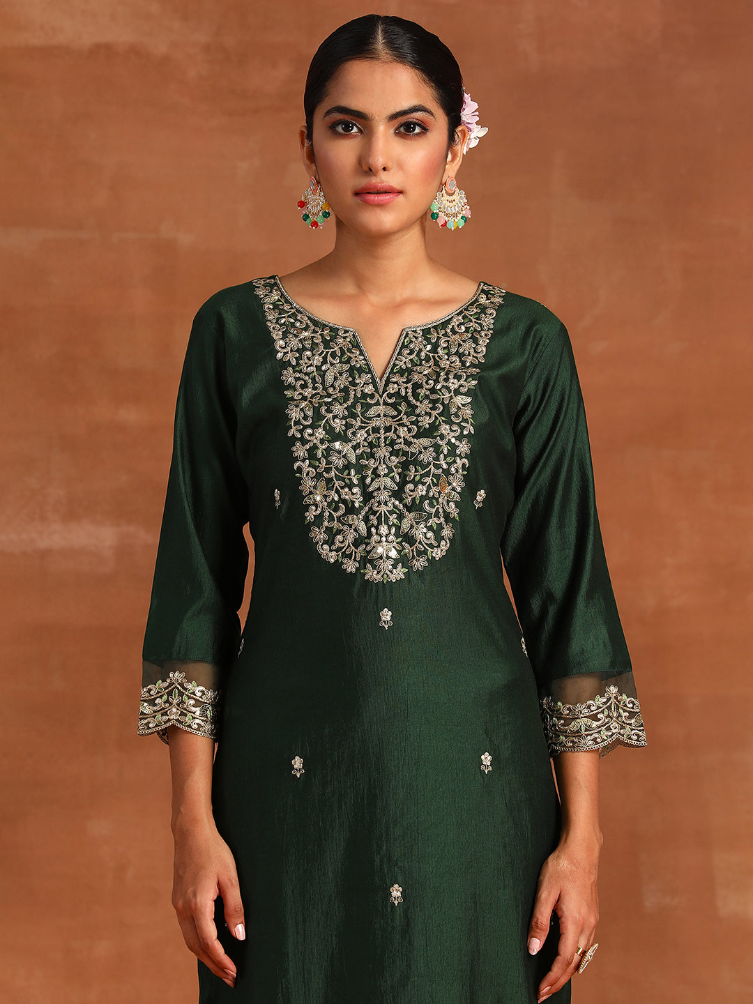 Indo Era Green Embroidered Straight Kurta Trousers With Dupatta Set